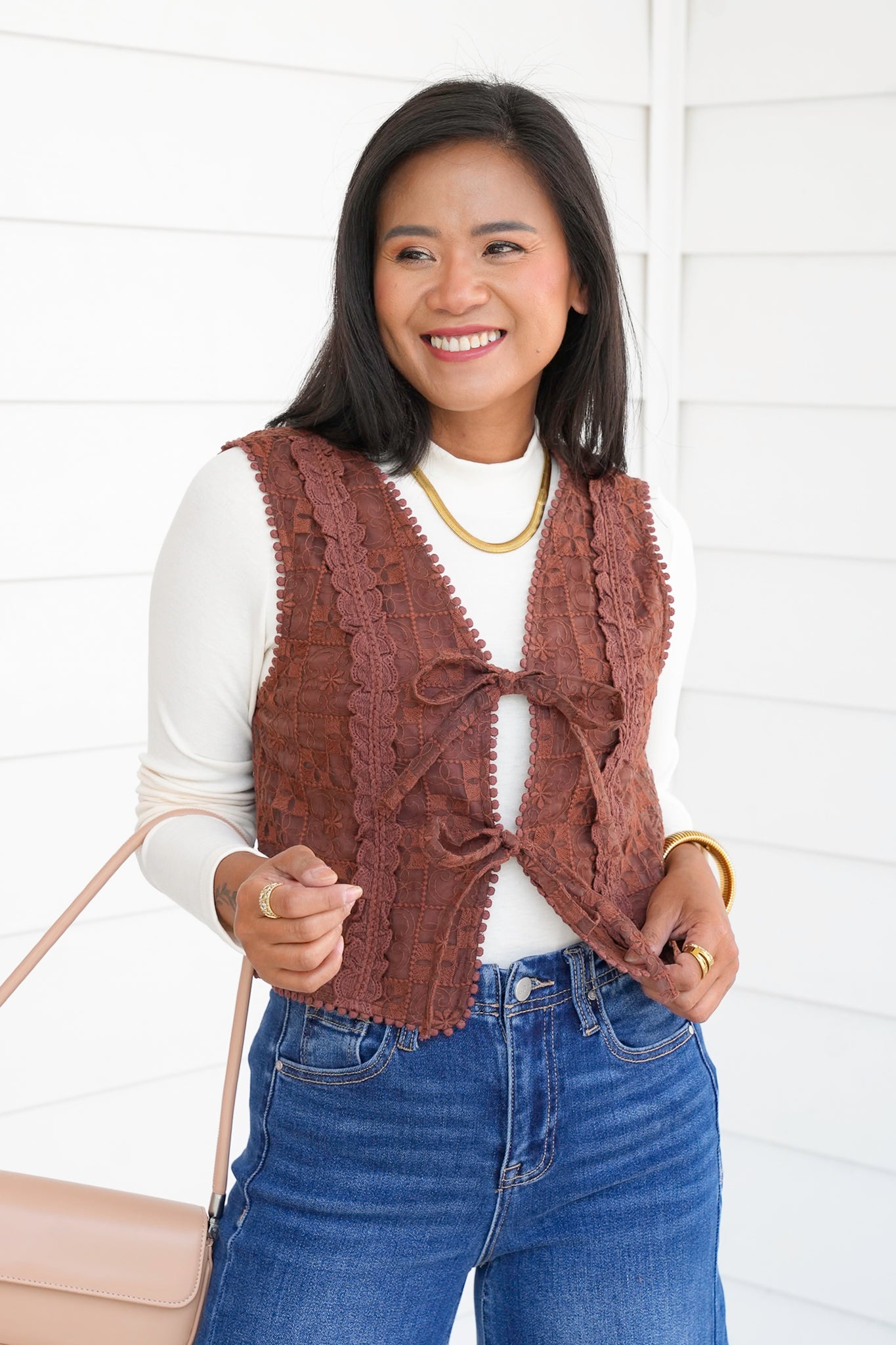 Floral Embroidered Lace Tie Front Vest