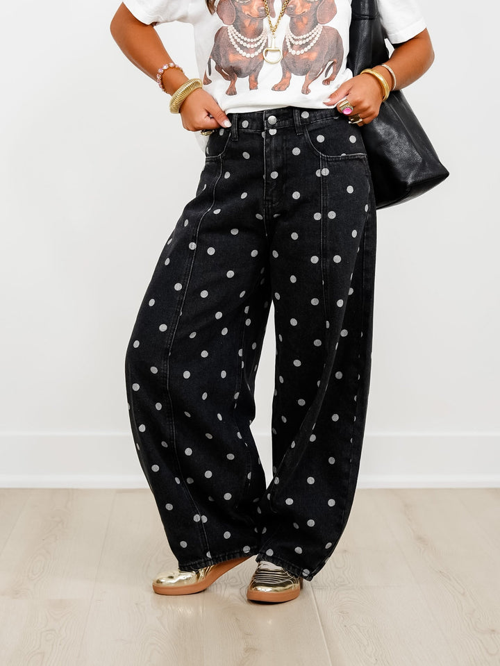 Black Wash Polka Dot Barrel Jeans - Freckled Poppy