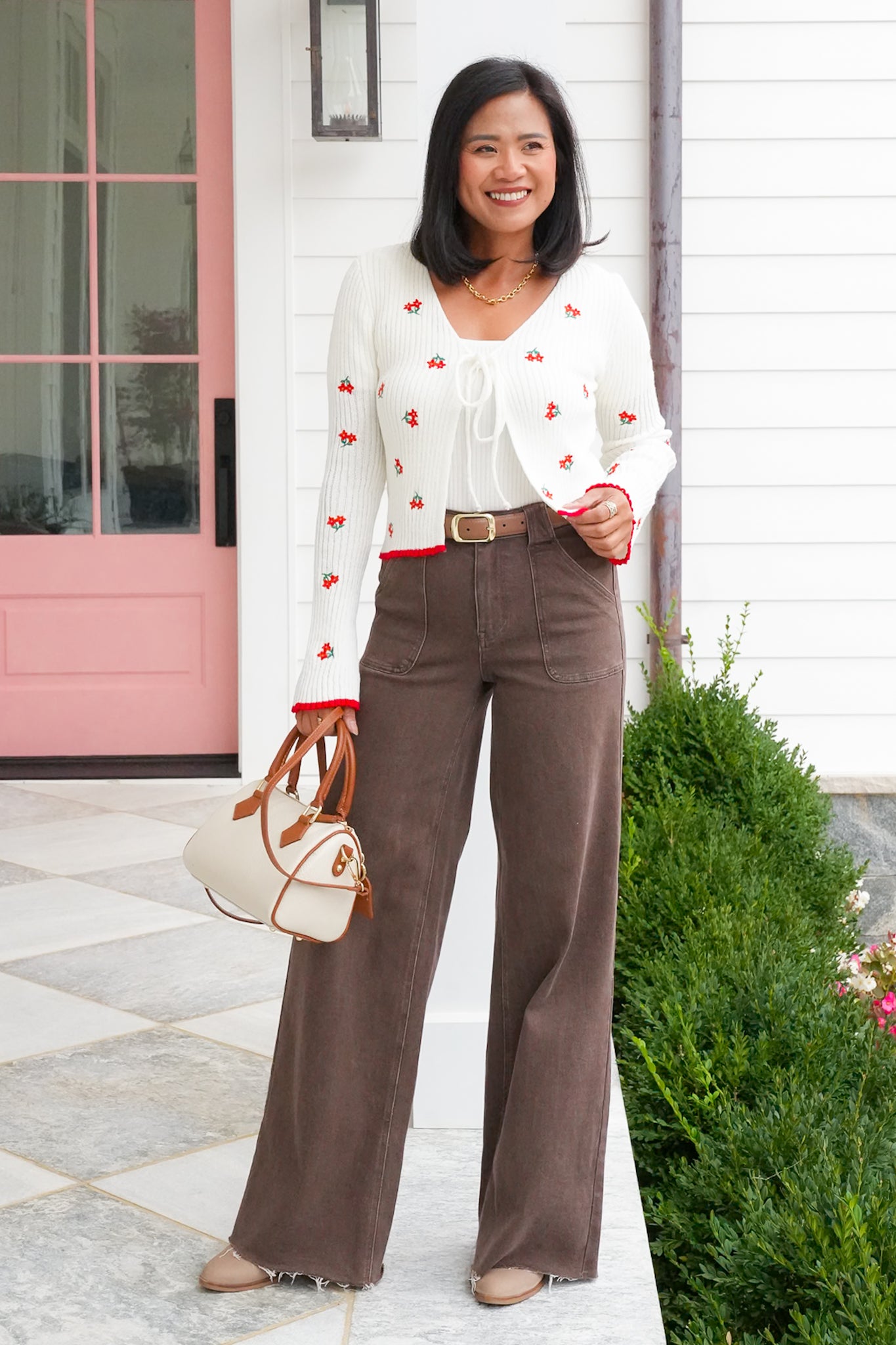 Floral Embroidered Long Sleeve Front Tie Sweater
