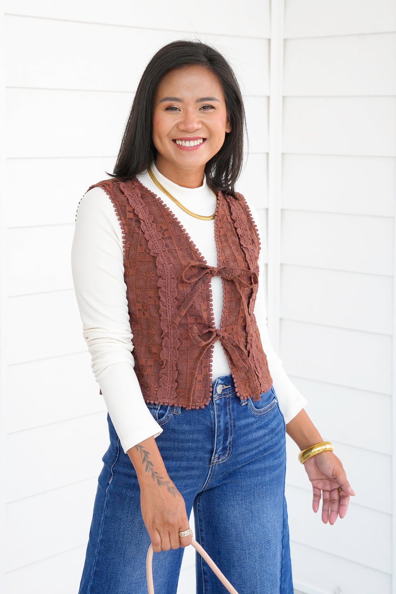 Floral Embroidered Lace Tie Front Vest