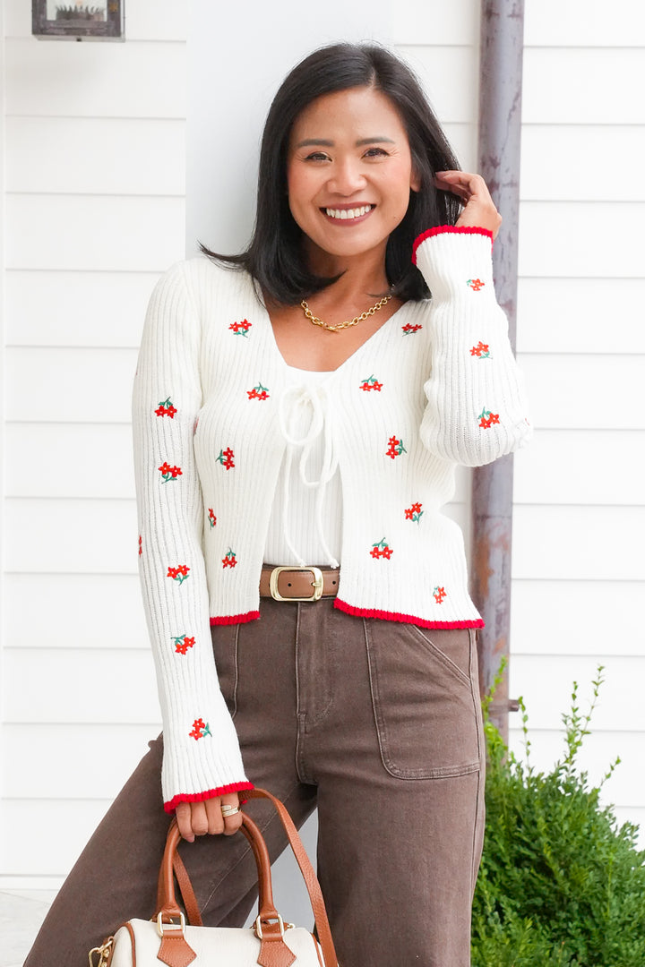 Floral Embroidered Long Sleeve Front Tie Sweater