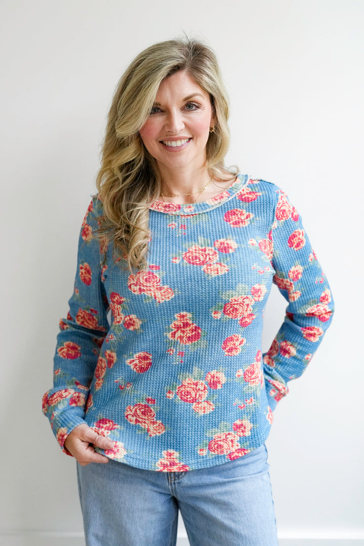 Washed Floral Waffle Knit Long Sleeve Top