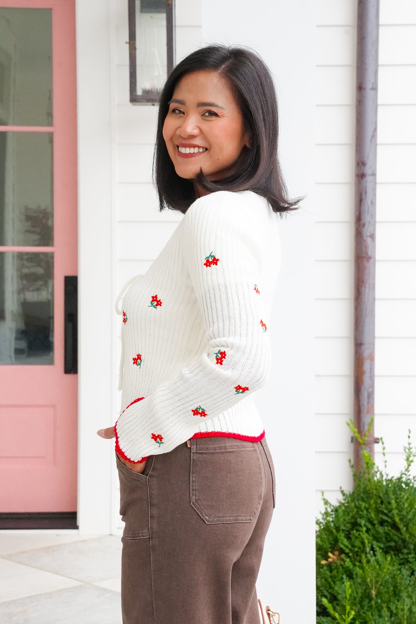 Floral Embroidered Long Sleeve Front Tie Sweater