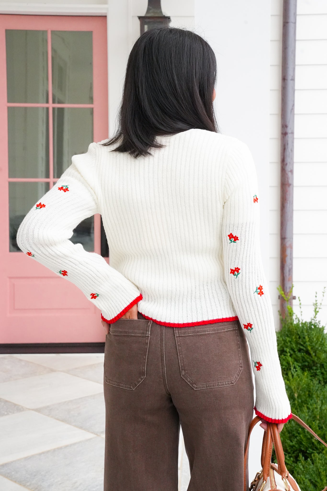 Floral Embroidered Long Sleeve Front Tie Sweater
