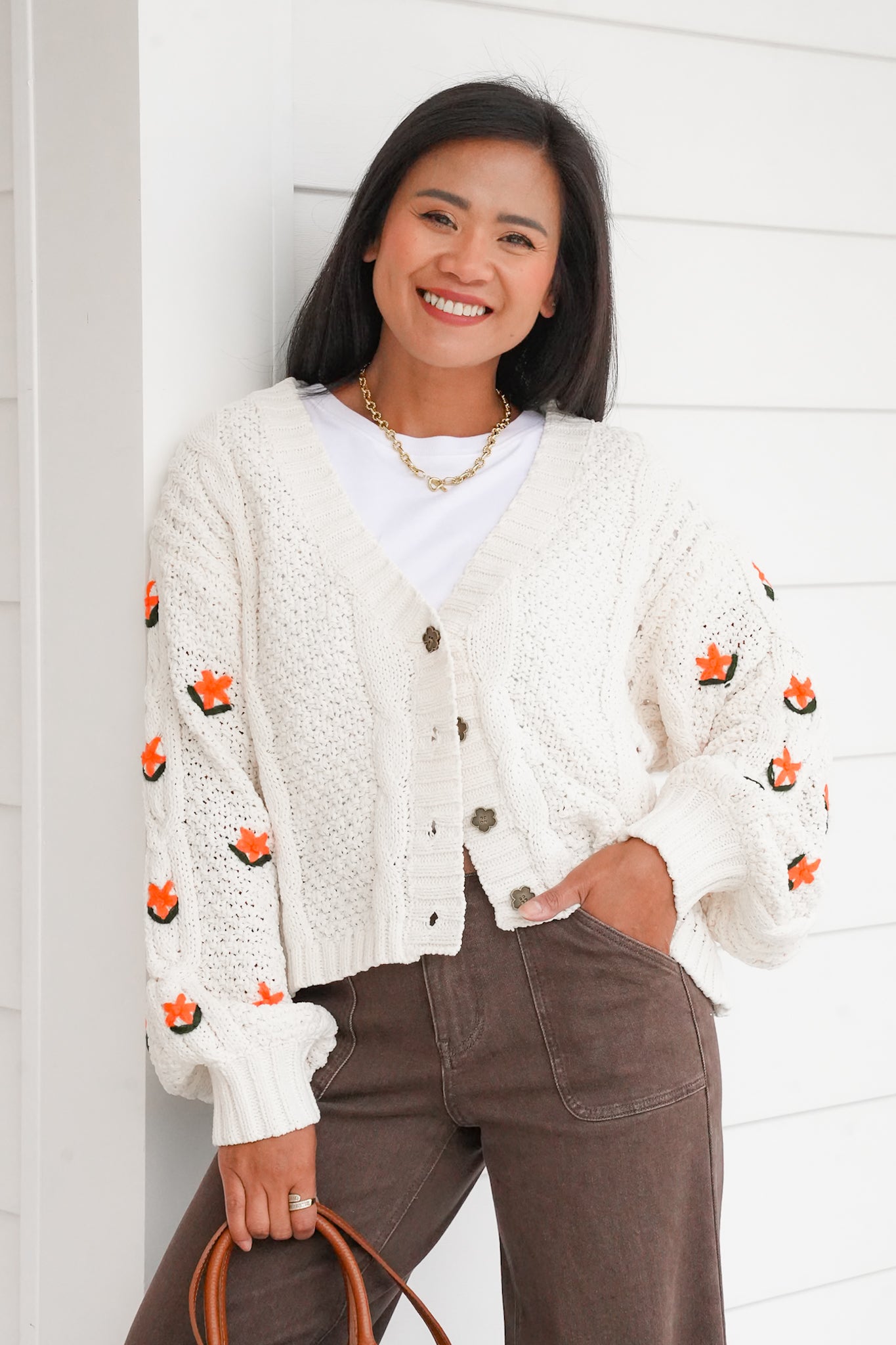 POL Floral Embroidered Long Sleeve Button Up Sweater