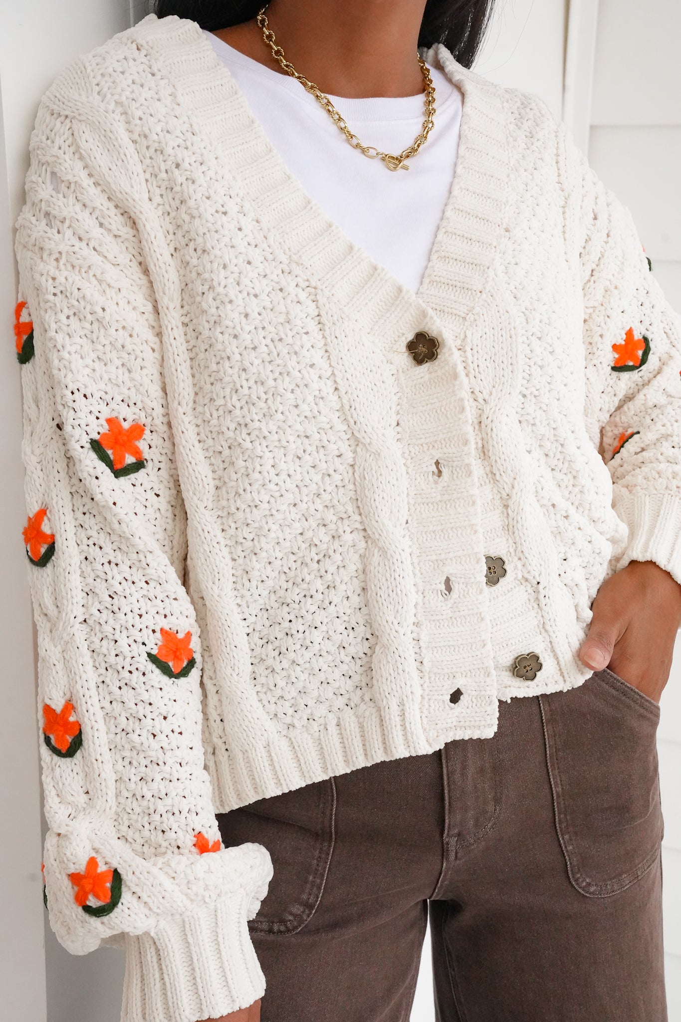 POL Floral Embroidered Long Sleeve Button Up Sweater