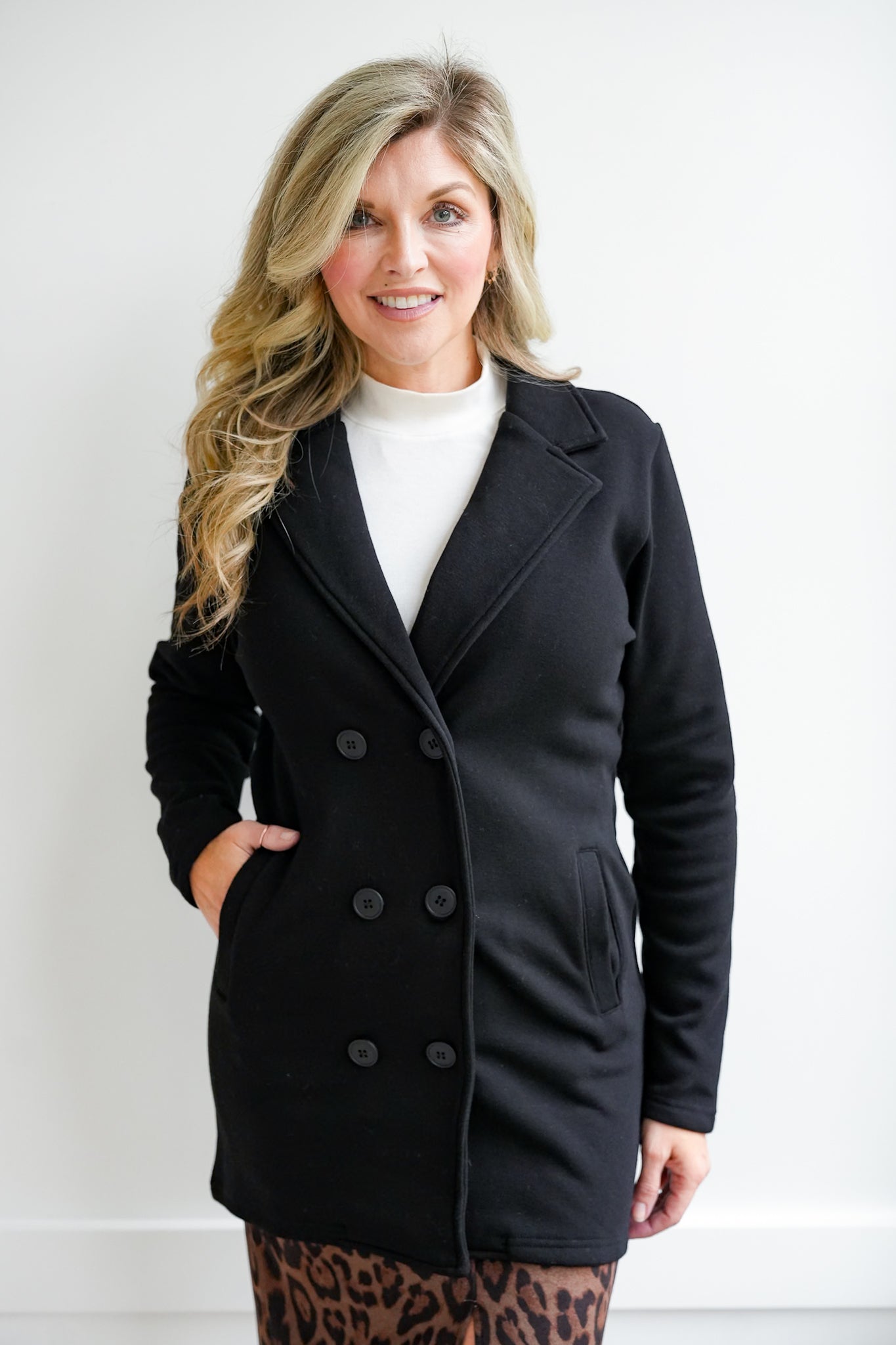 Plus/Reg Black Knit Long Sleeve Double Breasted Blazer