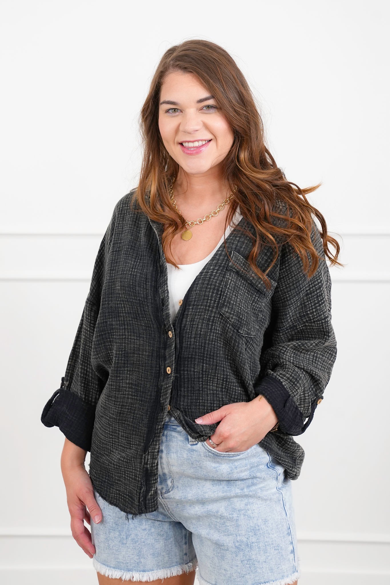 Door Buster! Zenana Washed Double Gauze Button Down Shirt