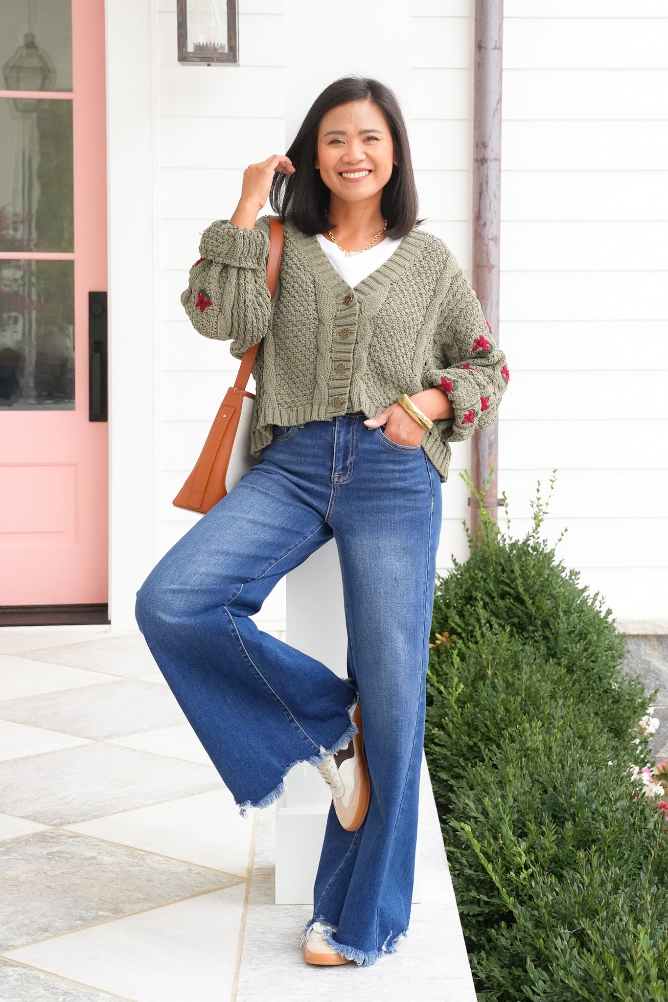 POL Floral Embroidered Long Sleeve Button Up Sweater