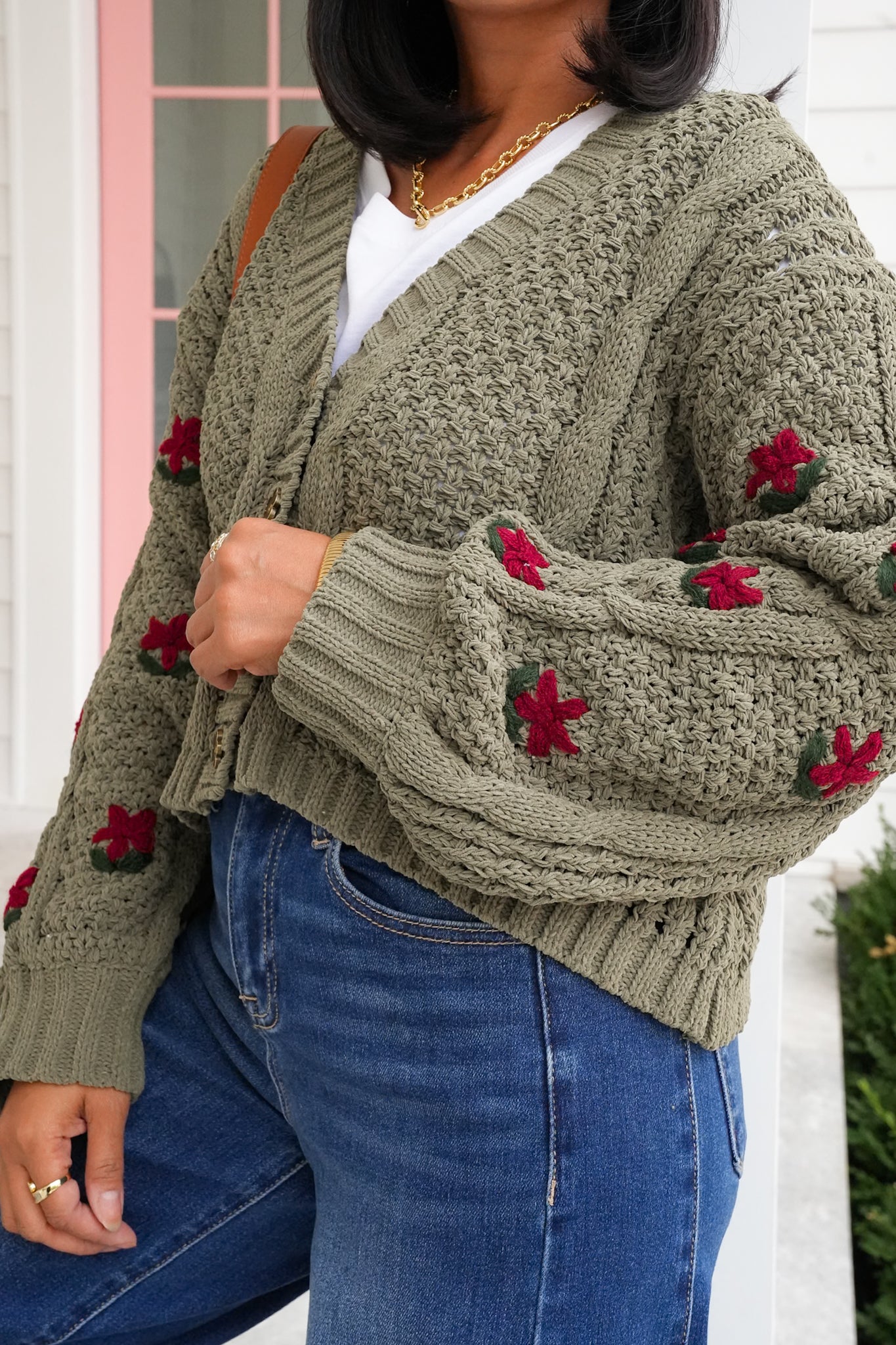 POL Floral Embroidered Long Sleeve Button Up Sweater
