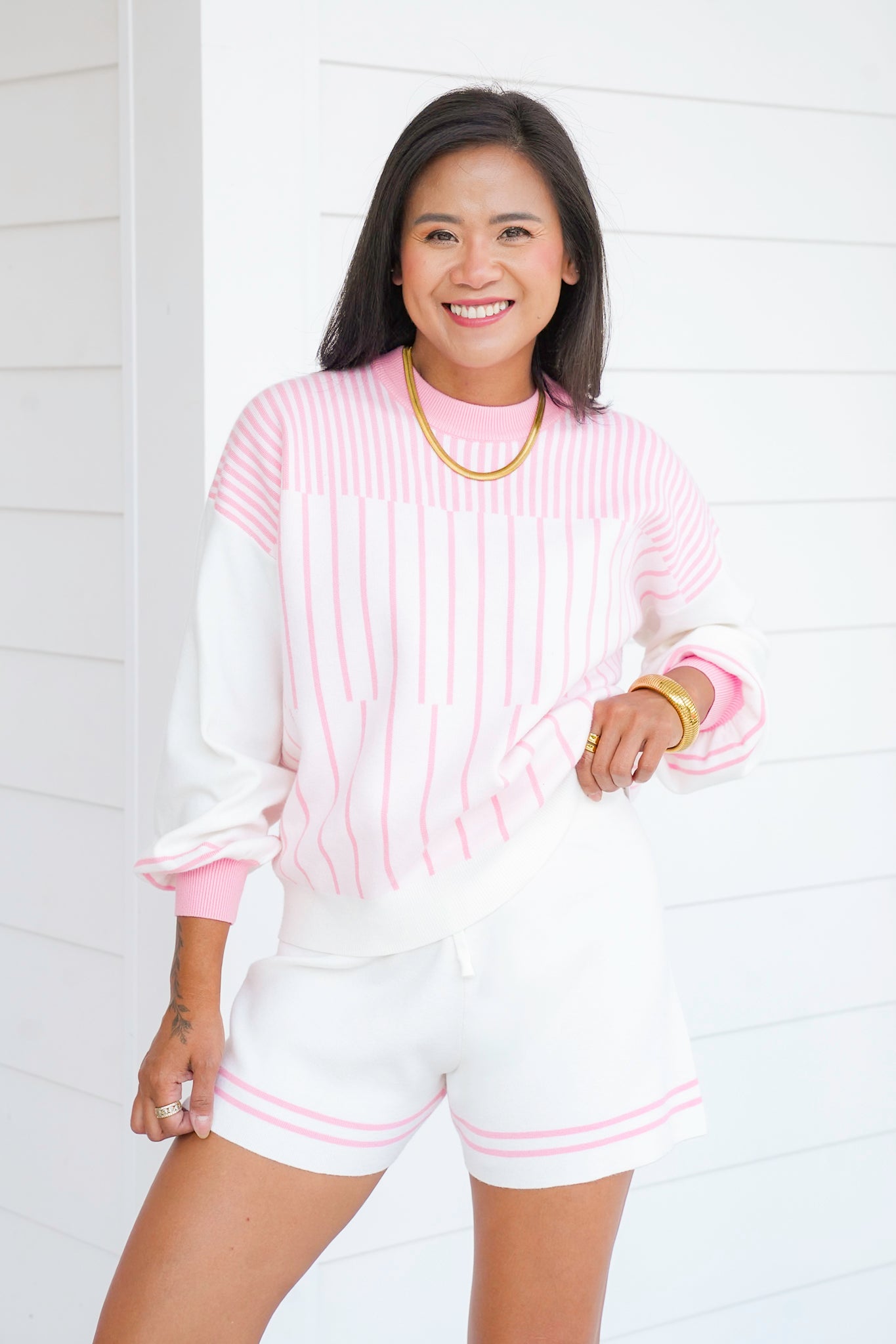 Stripe Long Sleeve Top with Elastic Waist Short Set