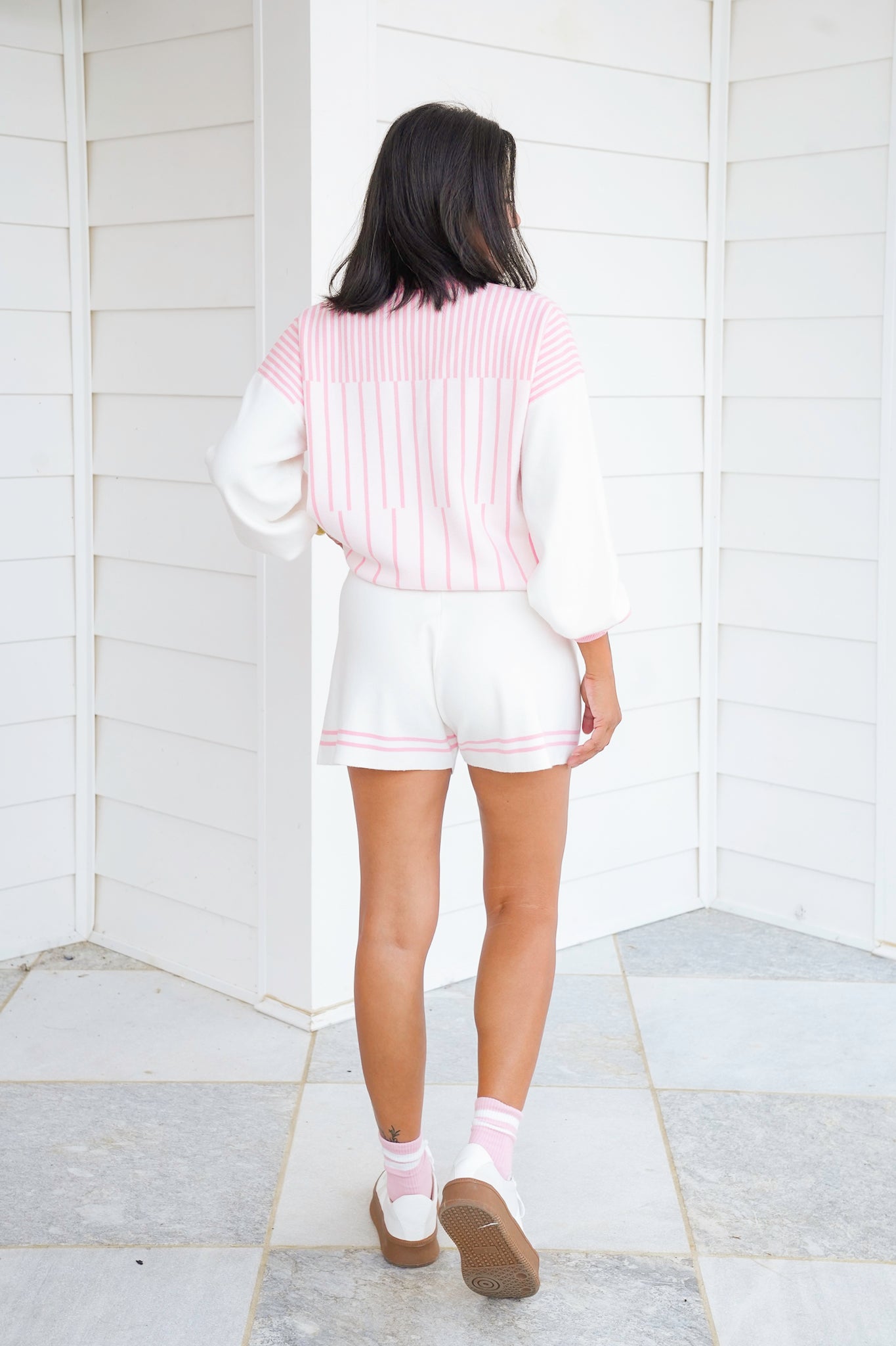 Stripe Long Sleeve Top with Elastic Waist Short Set