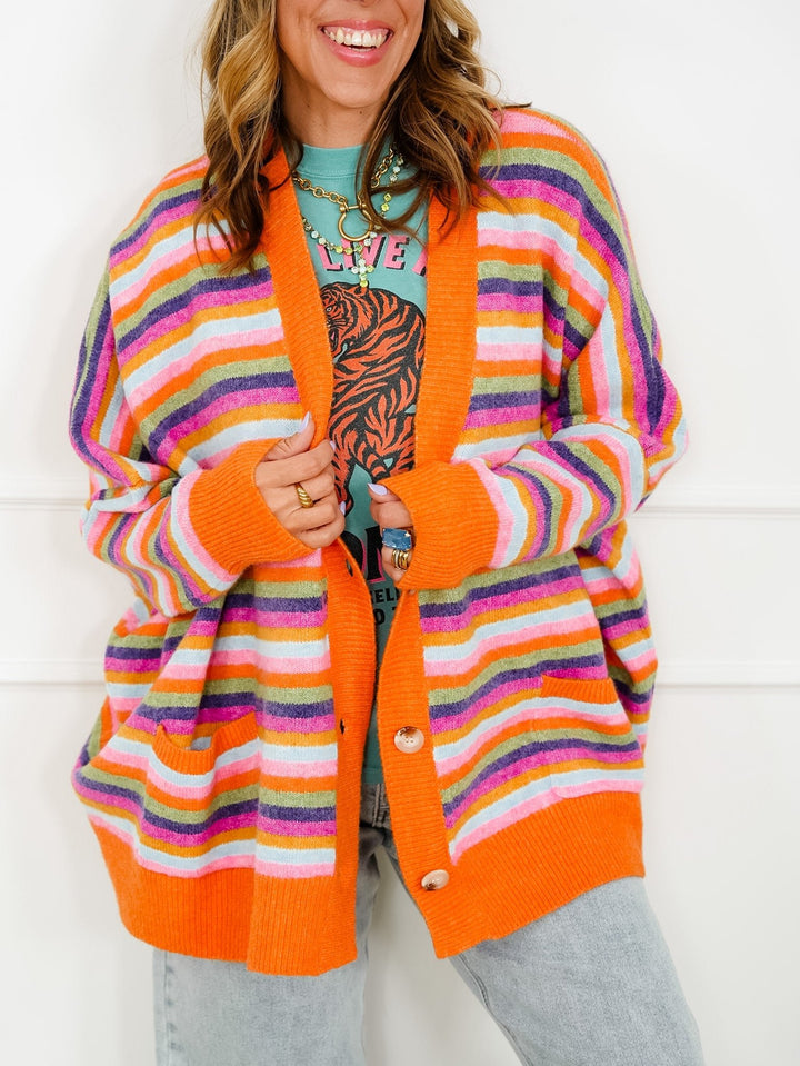 Restock! Multi Stripe Long Sleeve Button Down Cardigan - Freckled Poppy