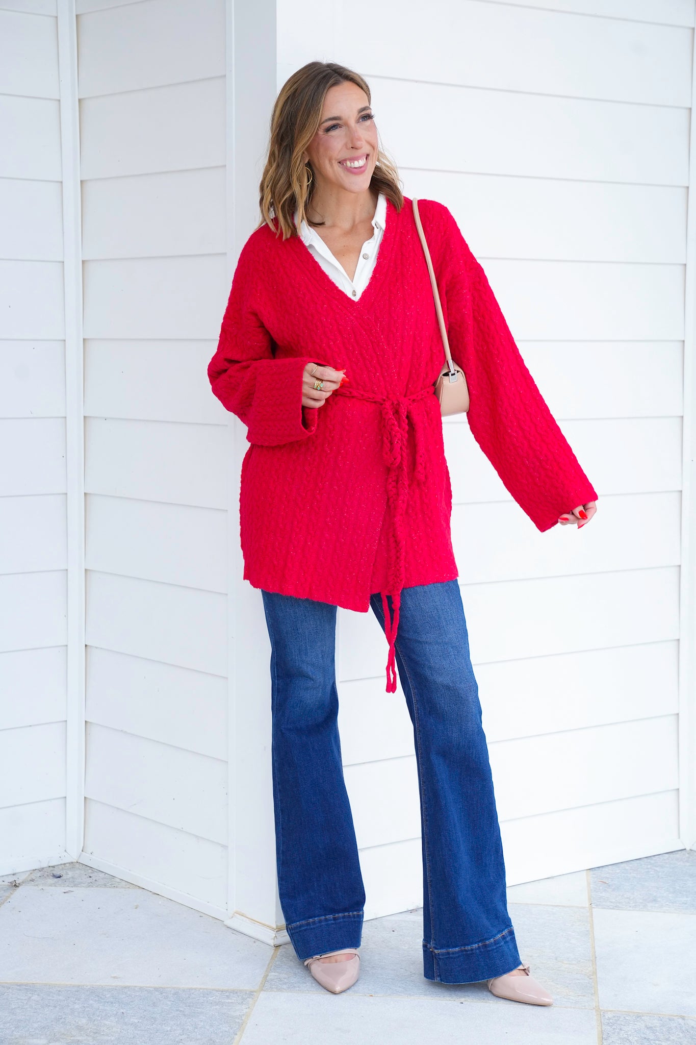 POL Cable Knit Long Sleeve Cardigan with Adjustable Drawstring