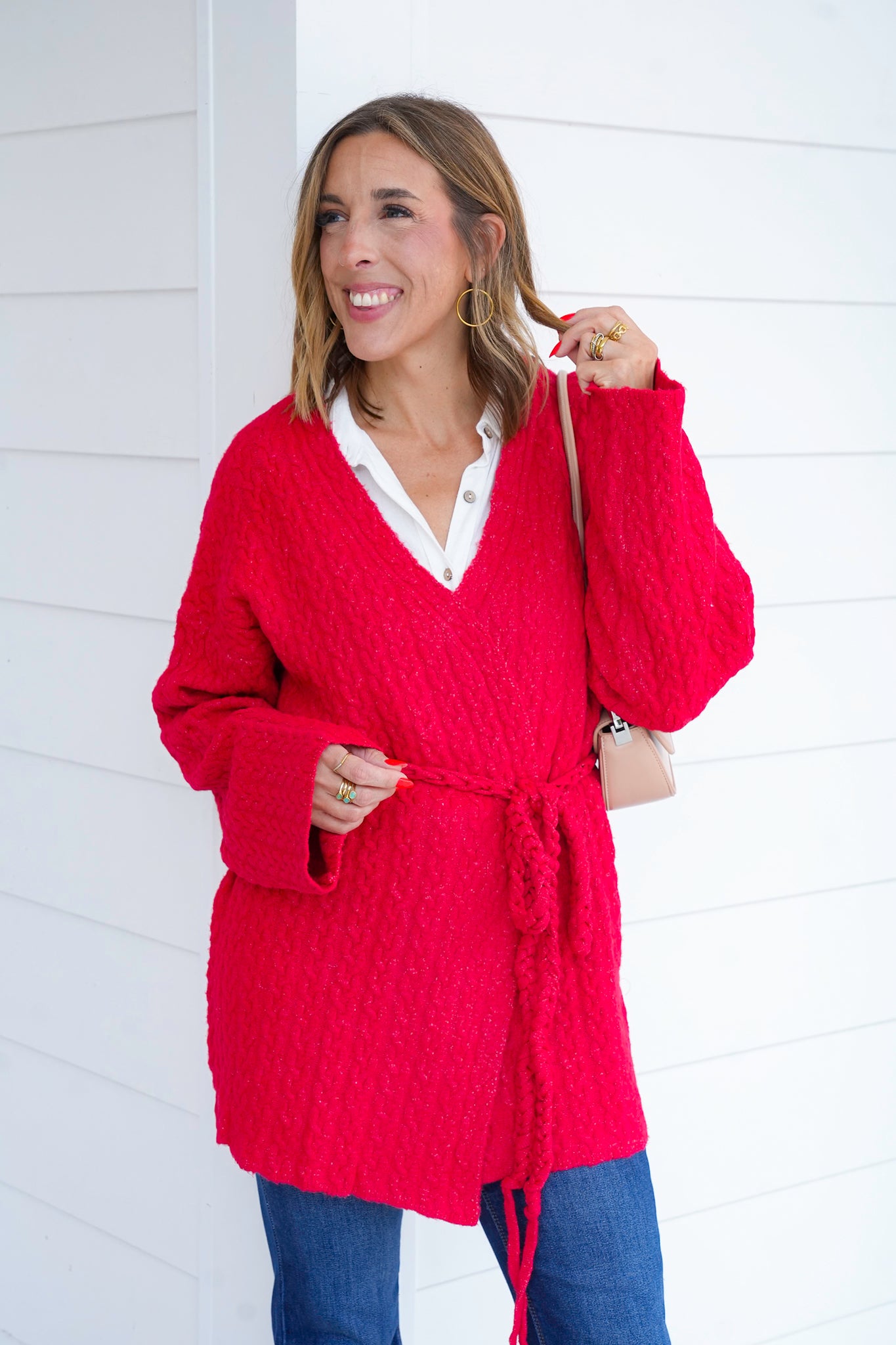 POL Cable Knit Long Sleeve Cardigan with Adjustable Drawstring