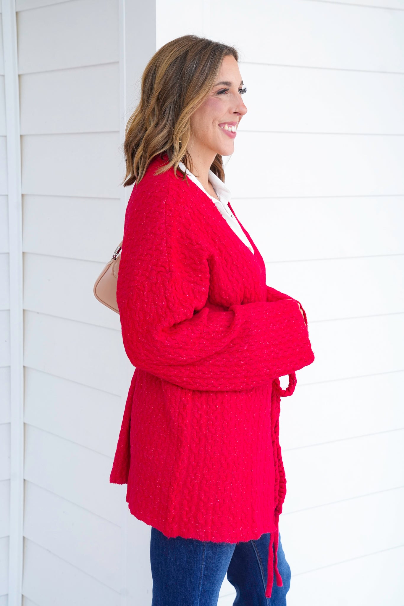 POL Cable Knit Long Sleeve Cardigan with Adjustable Drawstring