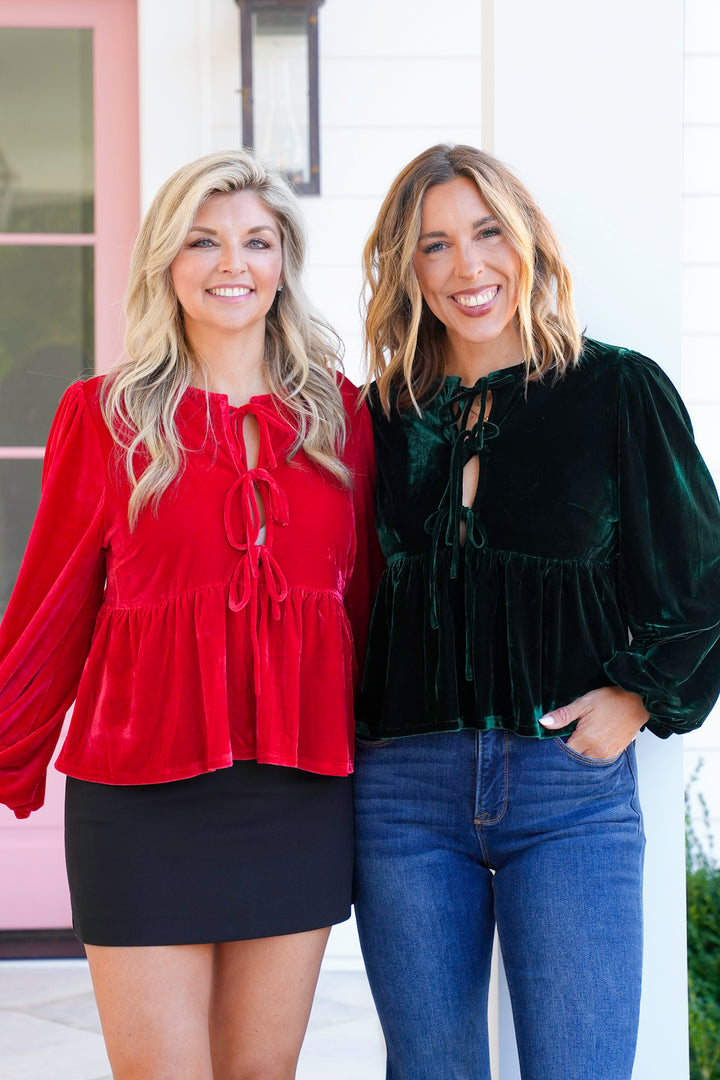 Velvet Long Sleeve Top with Front Tie
