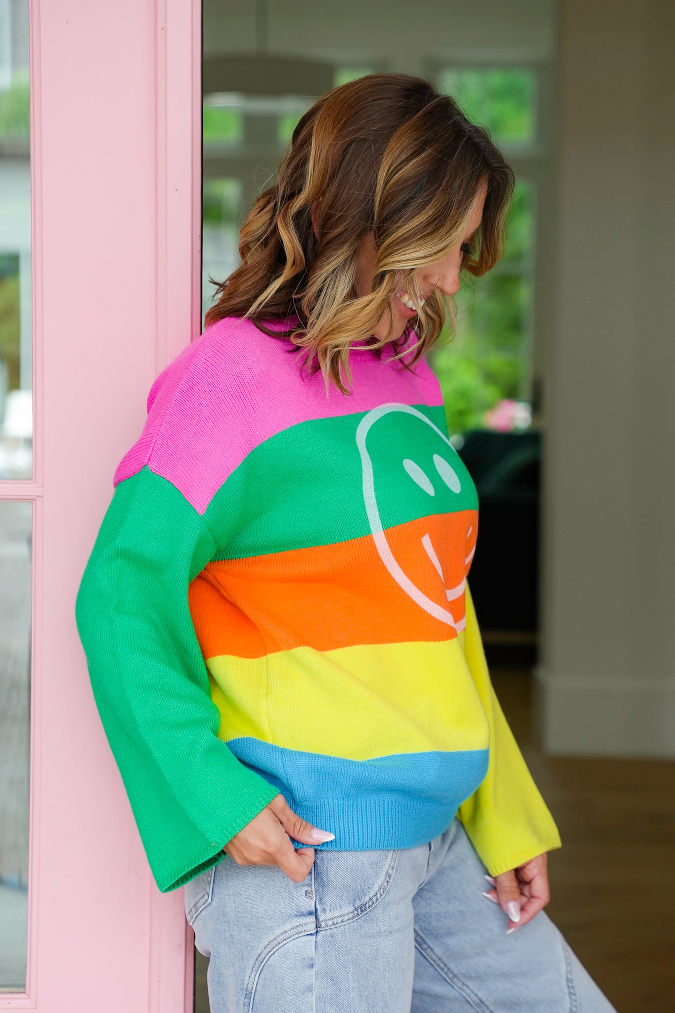 Plus/Reg Stripe Long Sleeve Sweater with Smiley Face Detail
