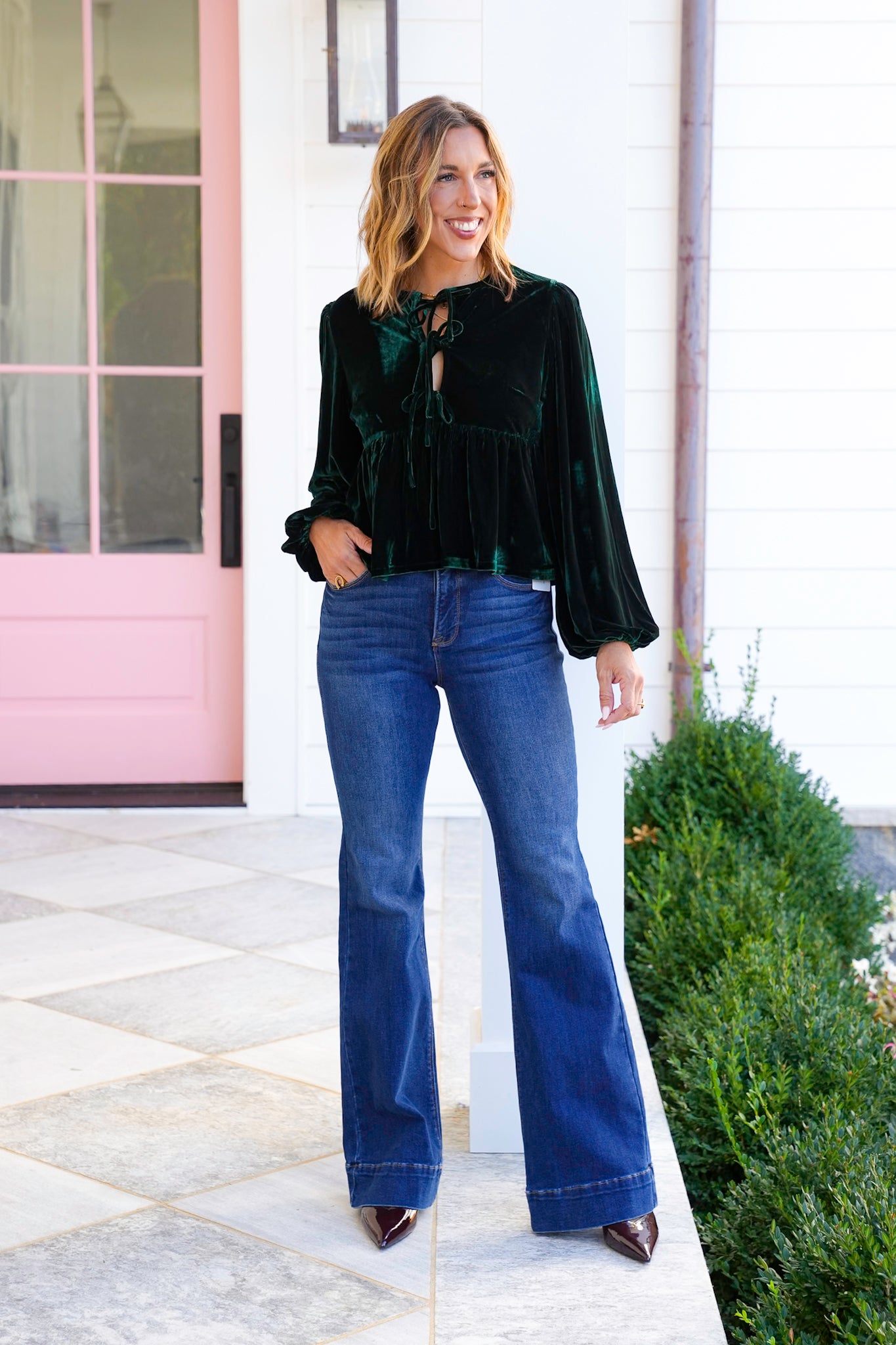 Velvet Long Sleeve Top with Front Tie