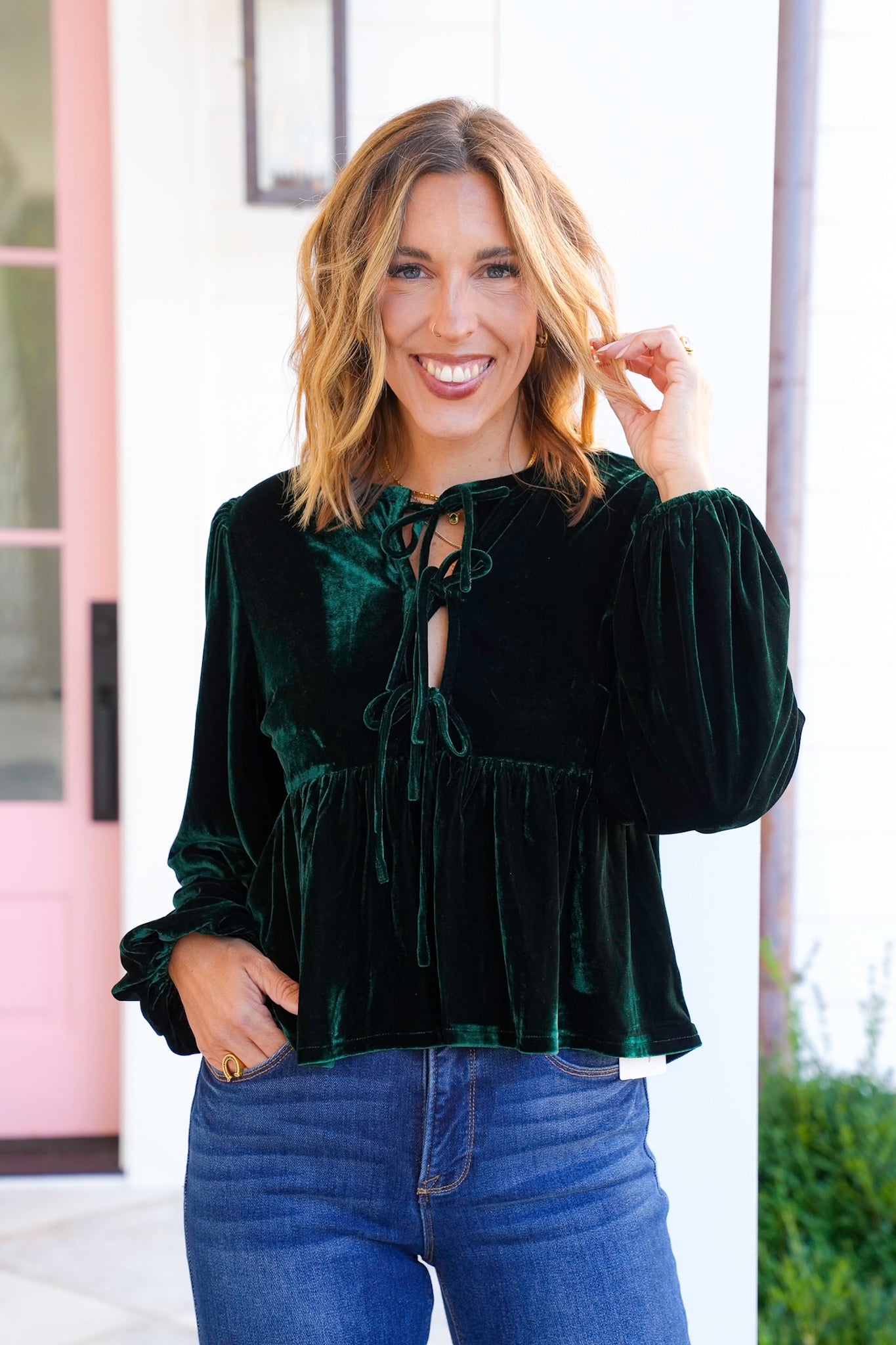 Velvet Long Sleeve Top with Front Tie