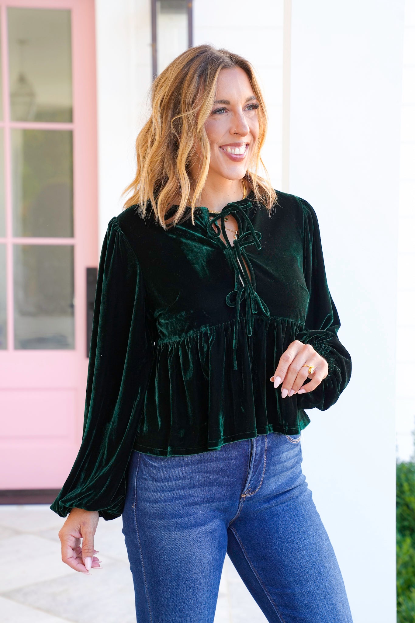 Velvet Long Sleeve Top with Front Tie