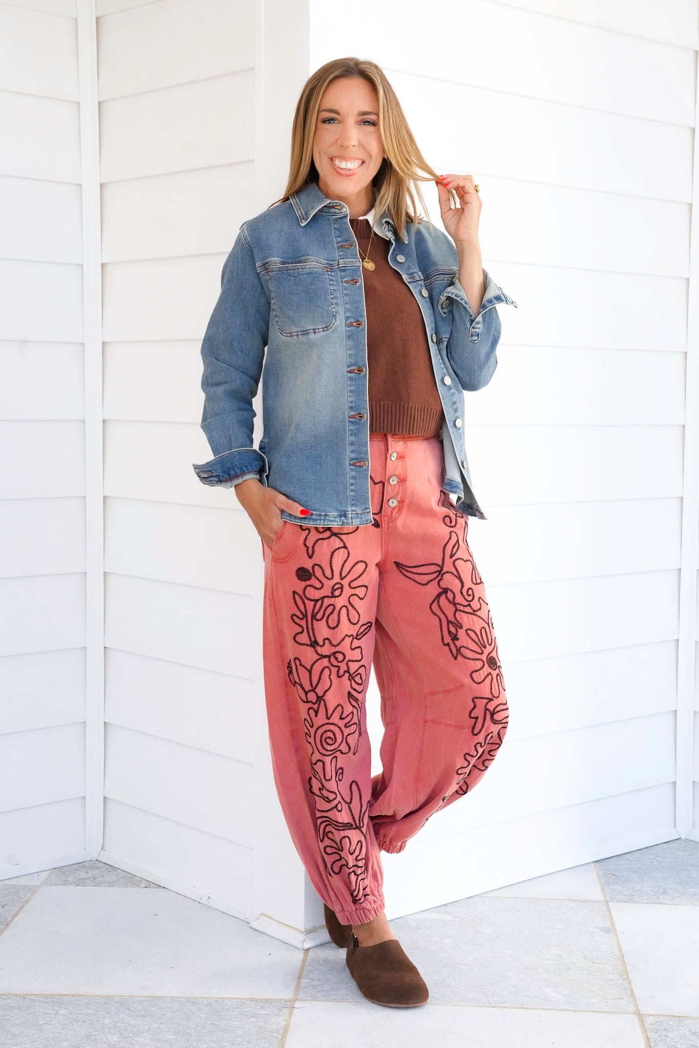 POL Floral Embroidered Pants with Elastic Cuff