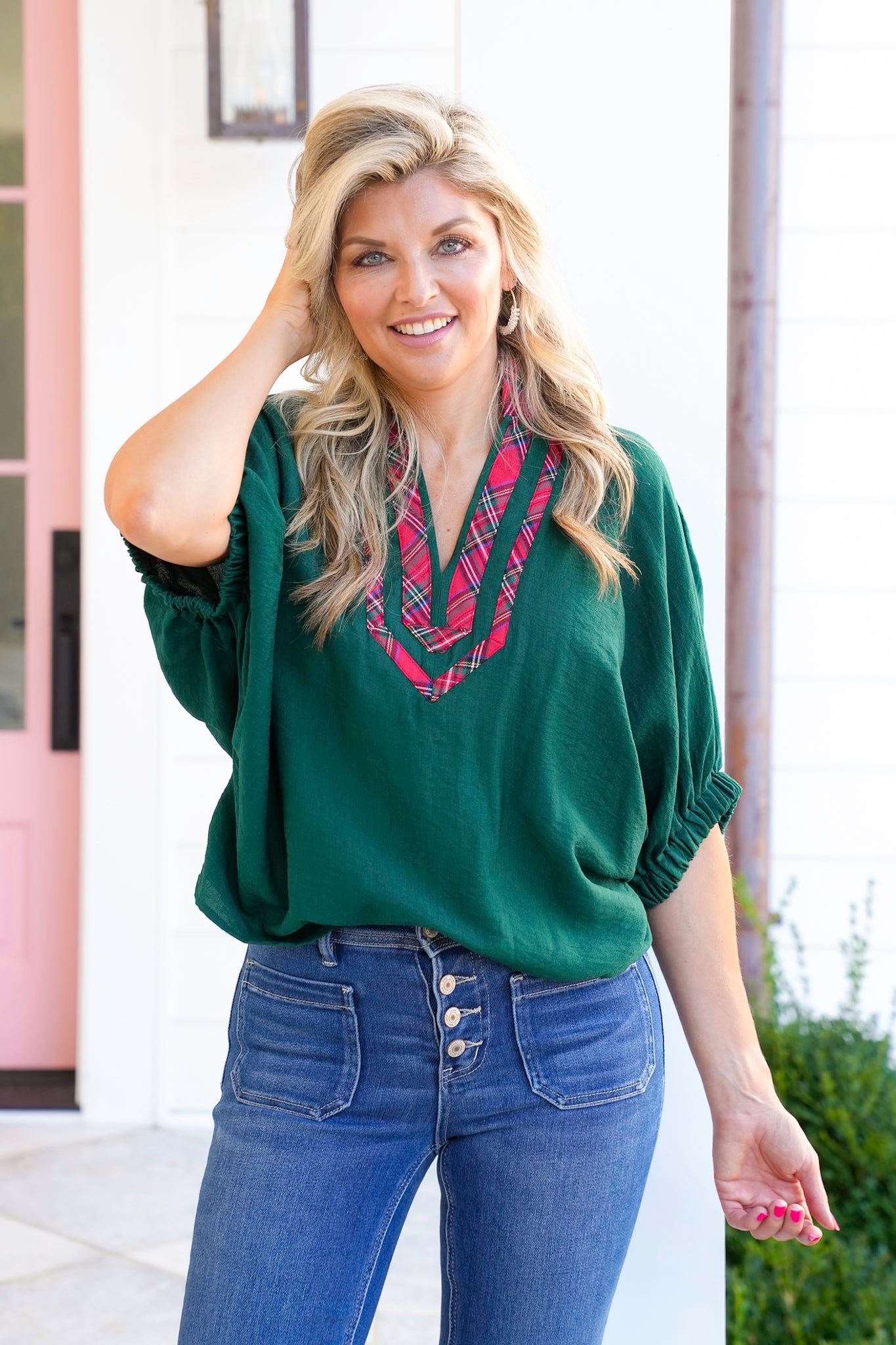 Plus/Reg Short Dolman Sleeve Plaid V Neck Top