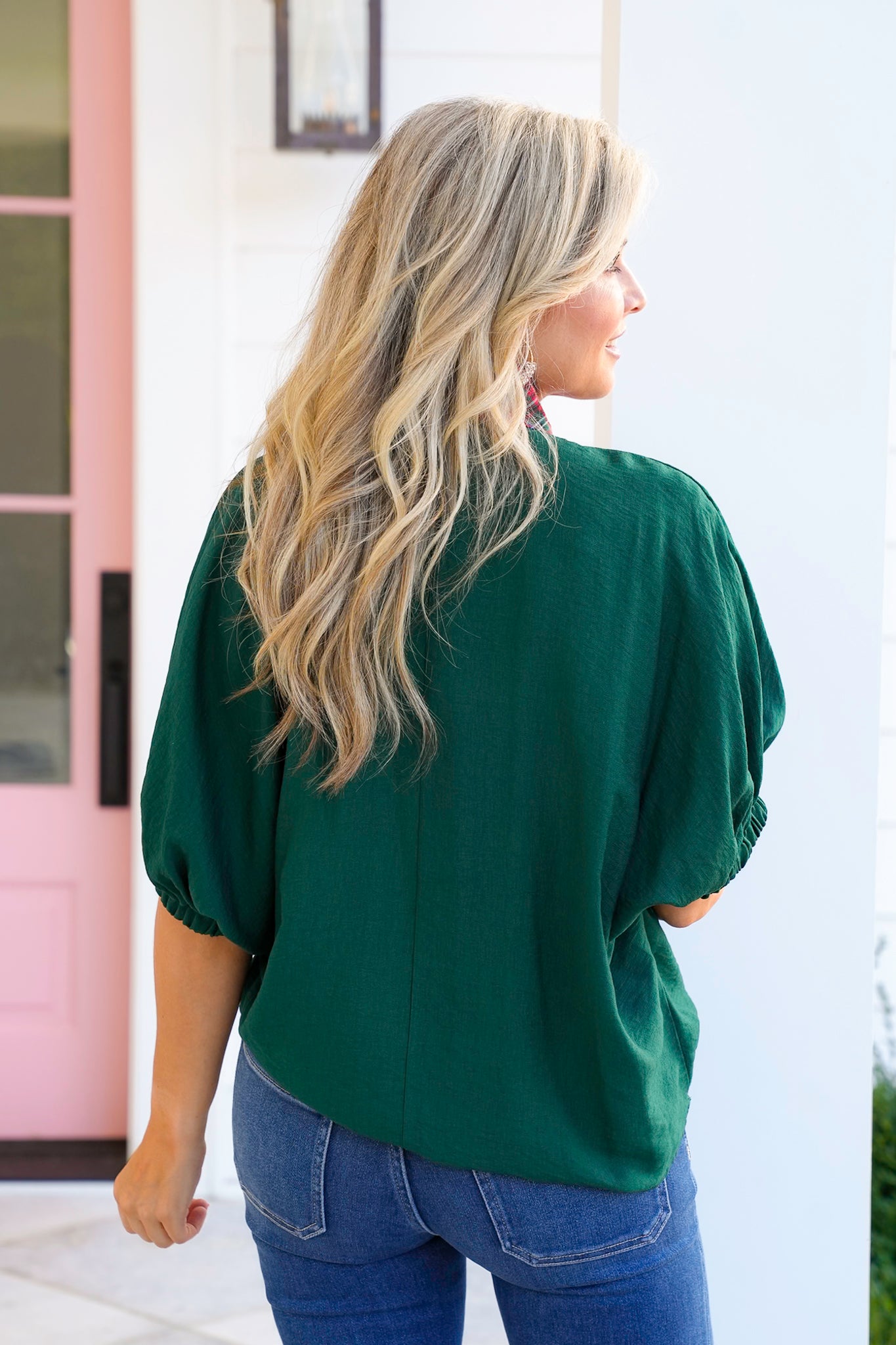 Plus/Reg Short Dolman Sleeve Plaid V Neck Top