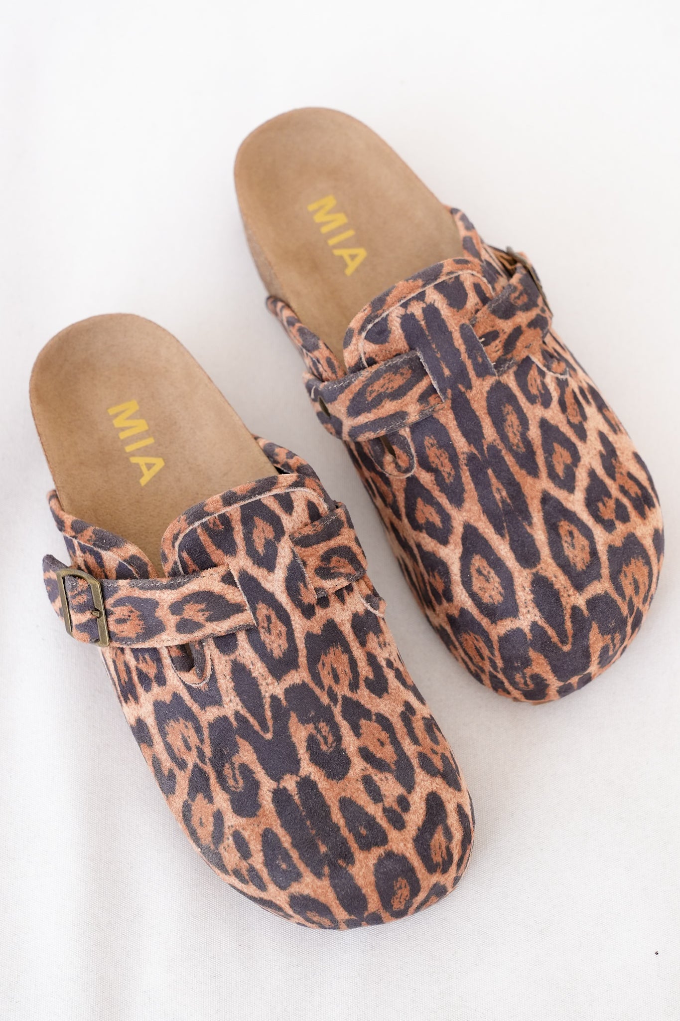 MIA Leopard Print Vegan Suede Clog with Adjustable Buckle and Cork Footbed