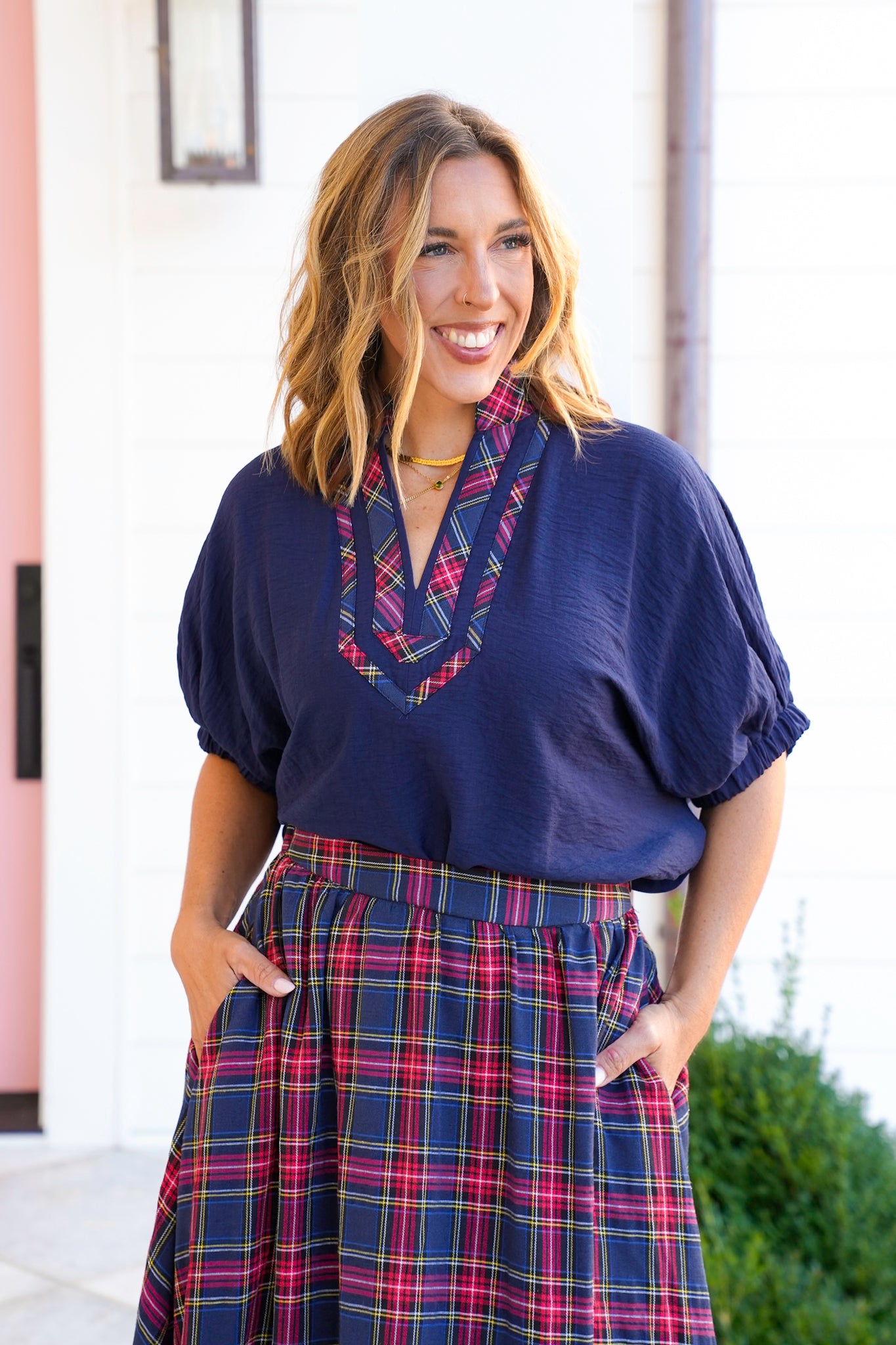 Plus/Reg Short Dolman Sleeve Plaid V Neck Top