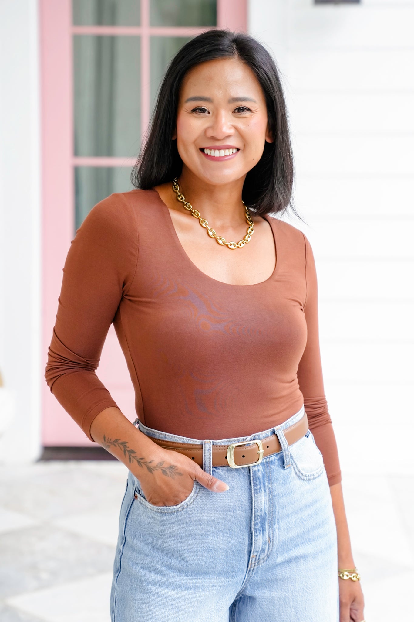 Solid Long Sleeve Scoop Neck Crop Top