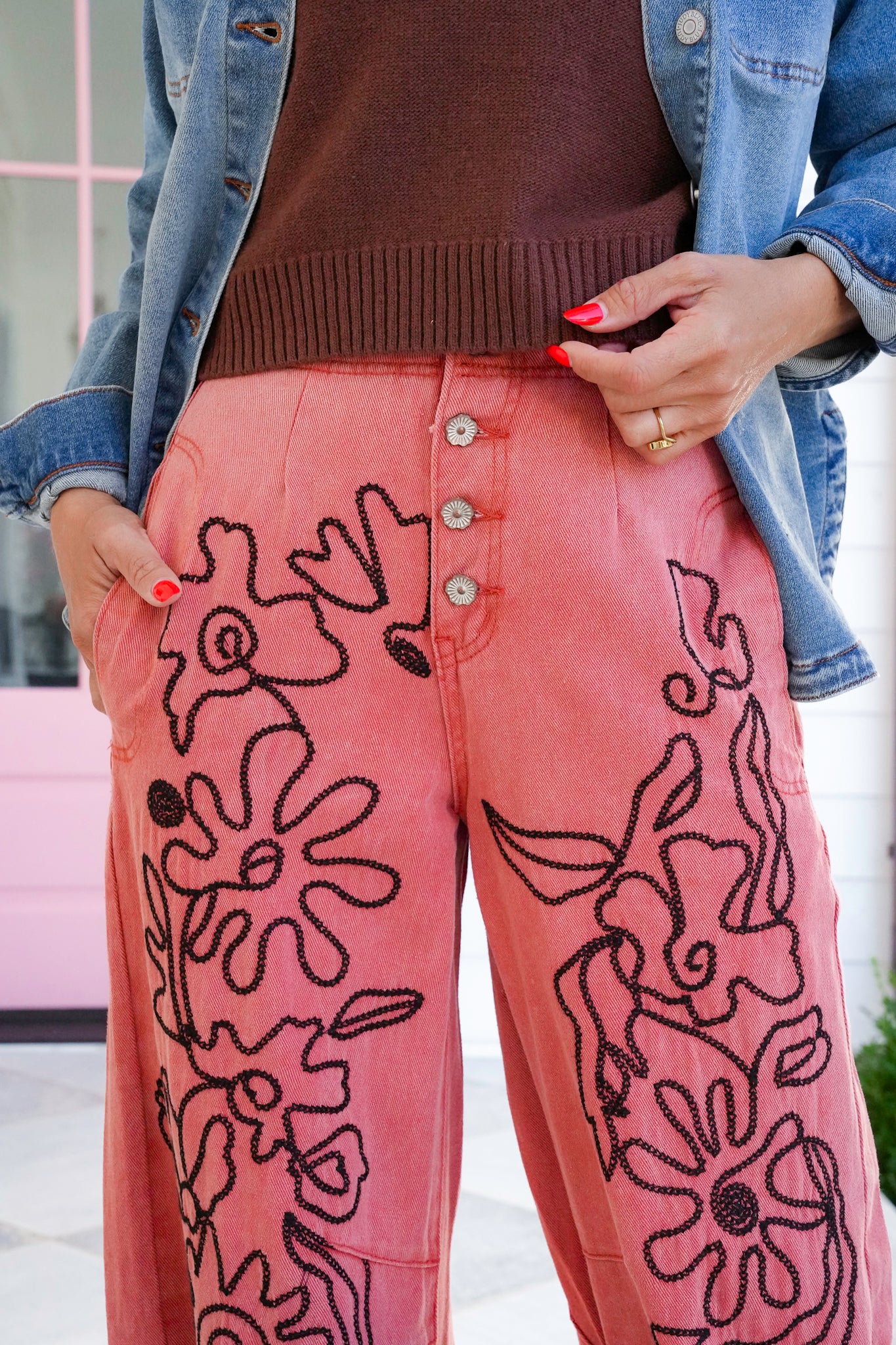 POL Floral Embroidered Pants with Elastic Cuff