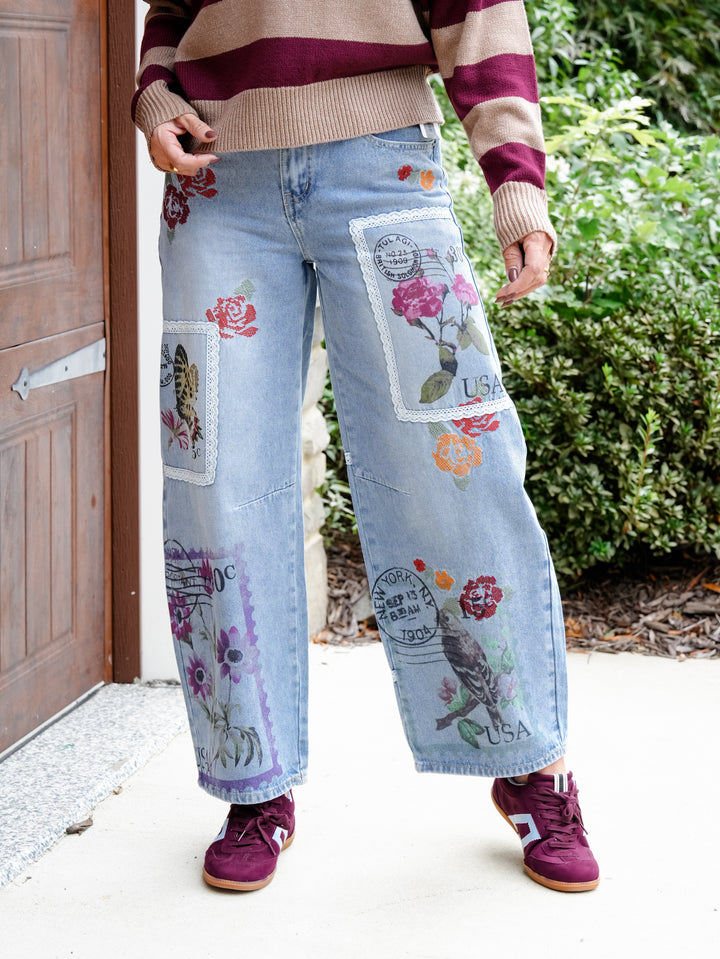 Postage Stamp Print High Waist Barrel Jeans