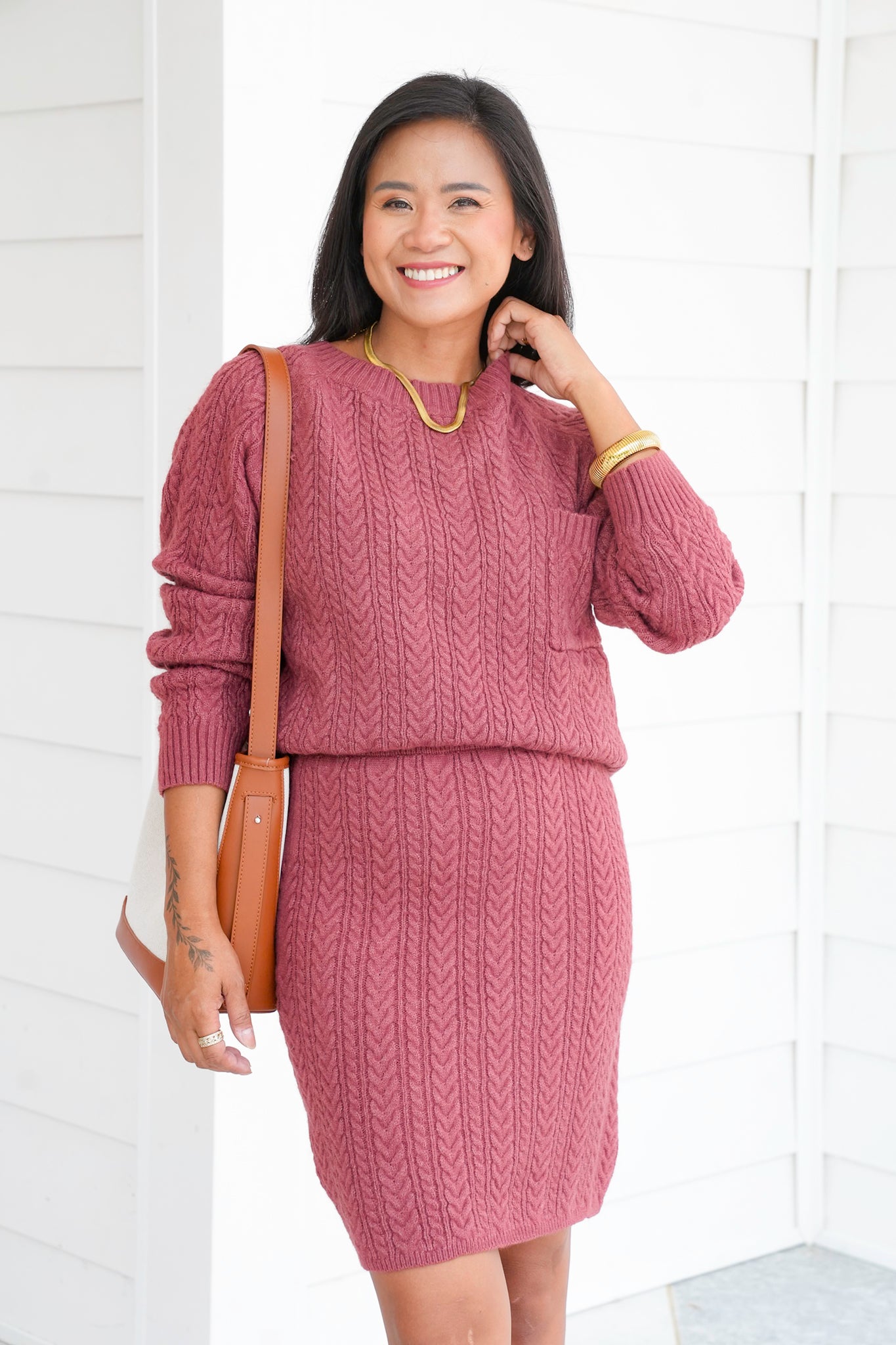 Cable Knit Long Sleeve Sweater and Skirt Set