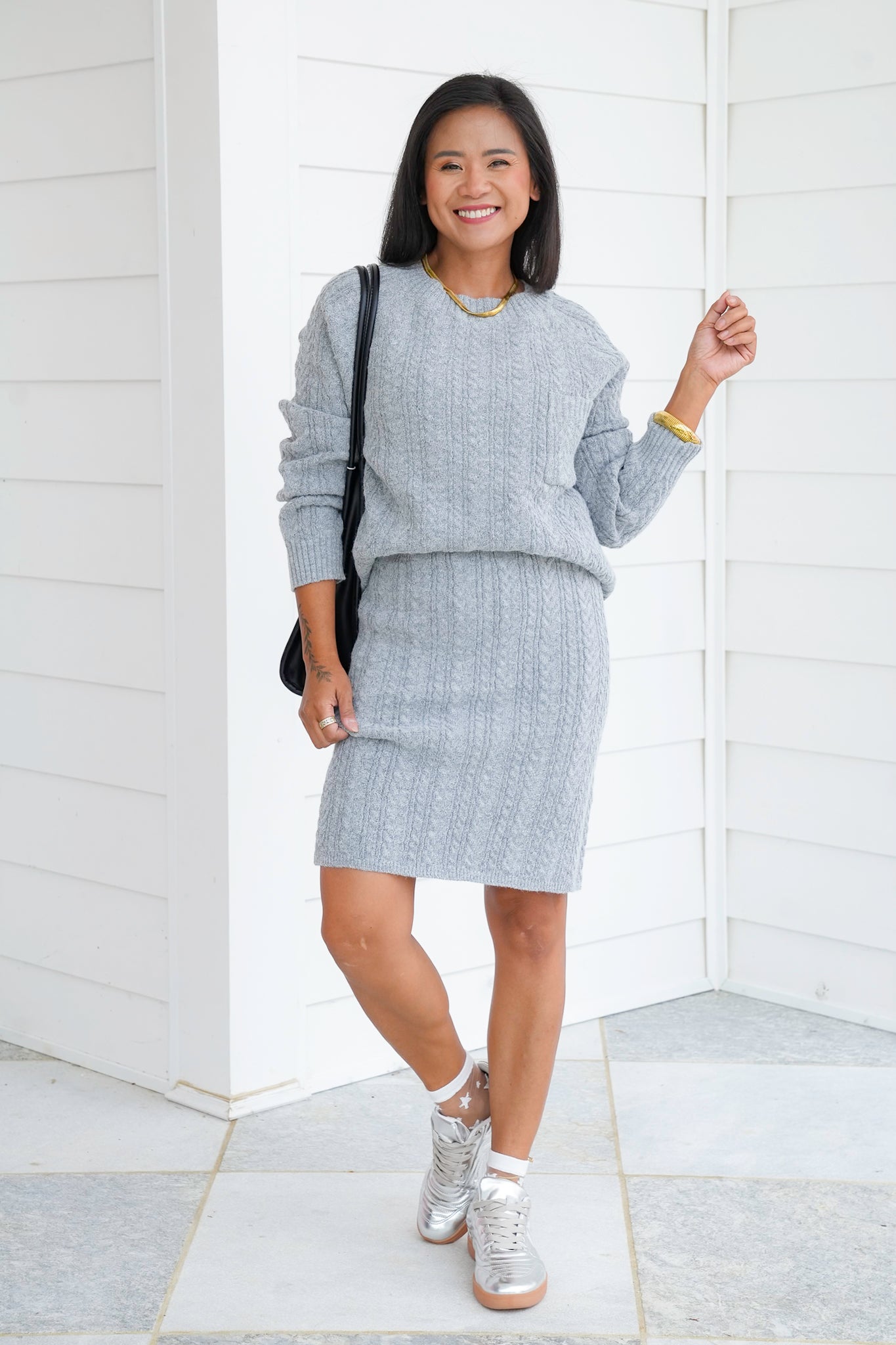 Cable Knit Long Sleeve Sweater and Skirt Set
