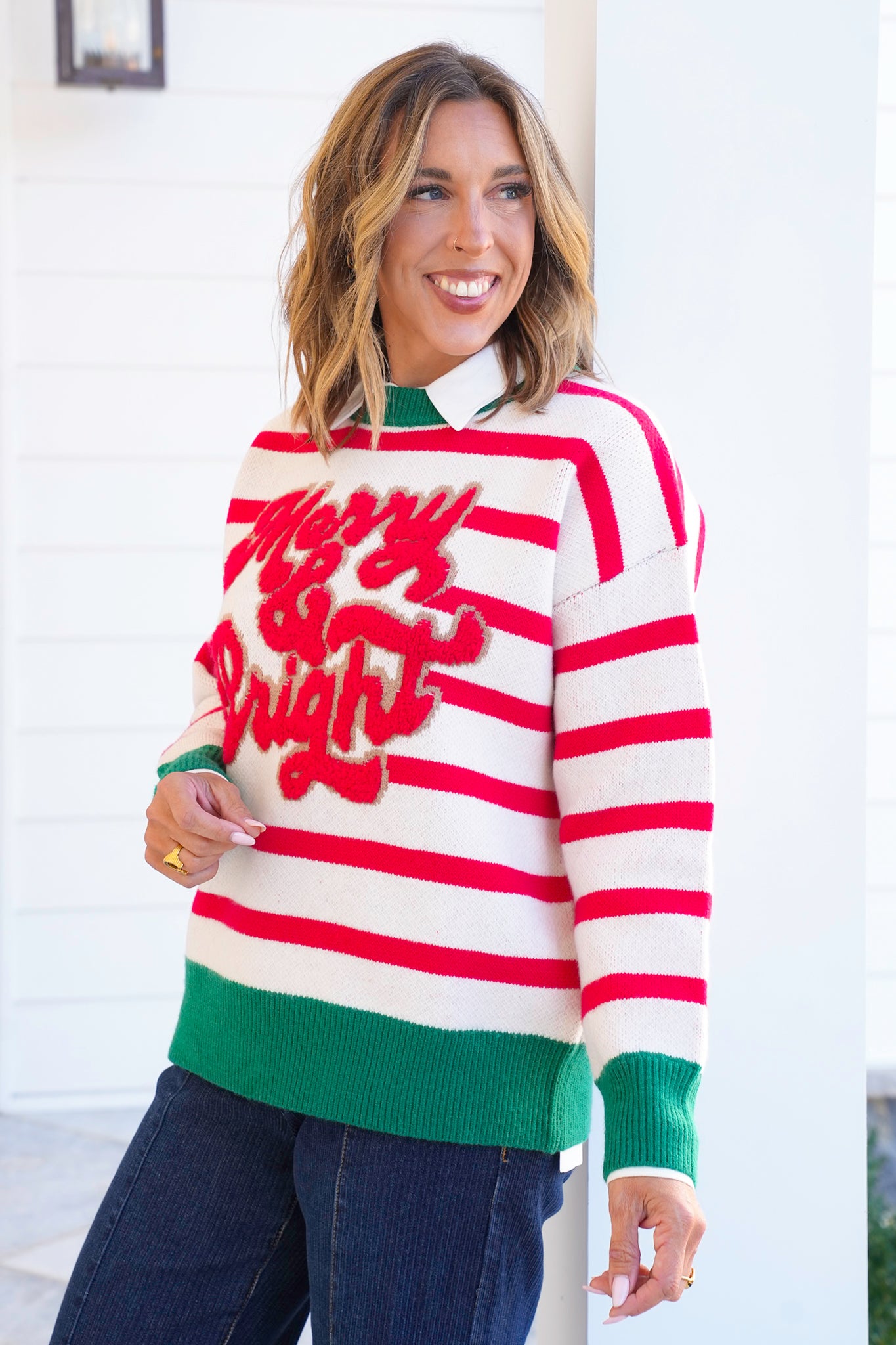 Stripe Long Sleeve "Merry & Bright" Pullover Sweater