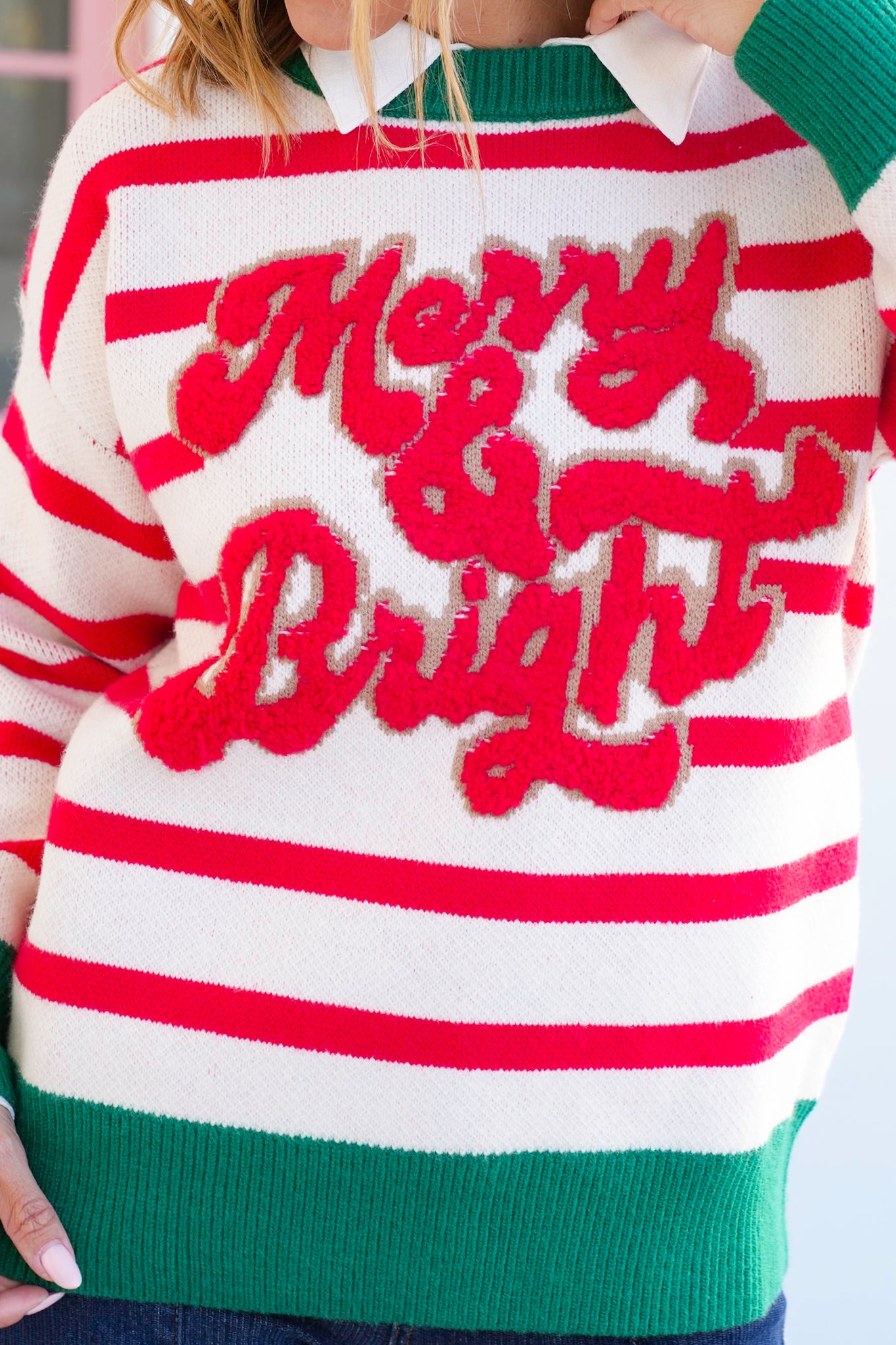 Stripe Long Sleeve "Merry & Bright" Pullover Sweater