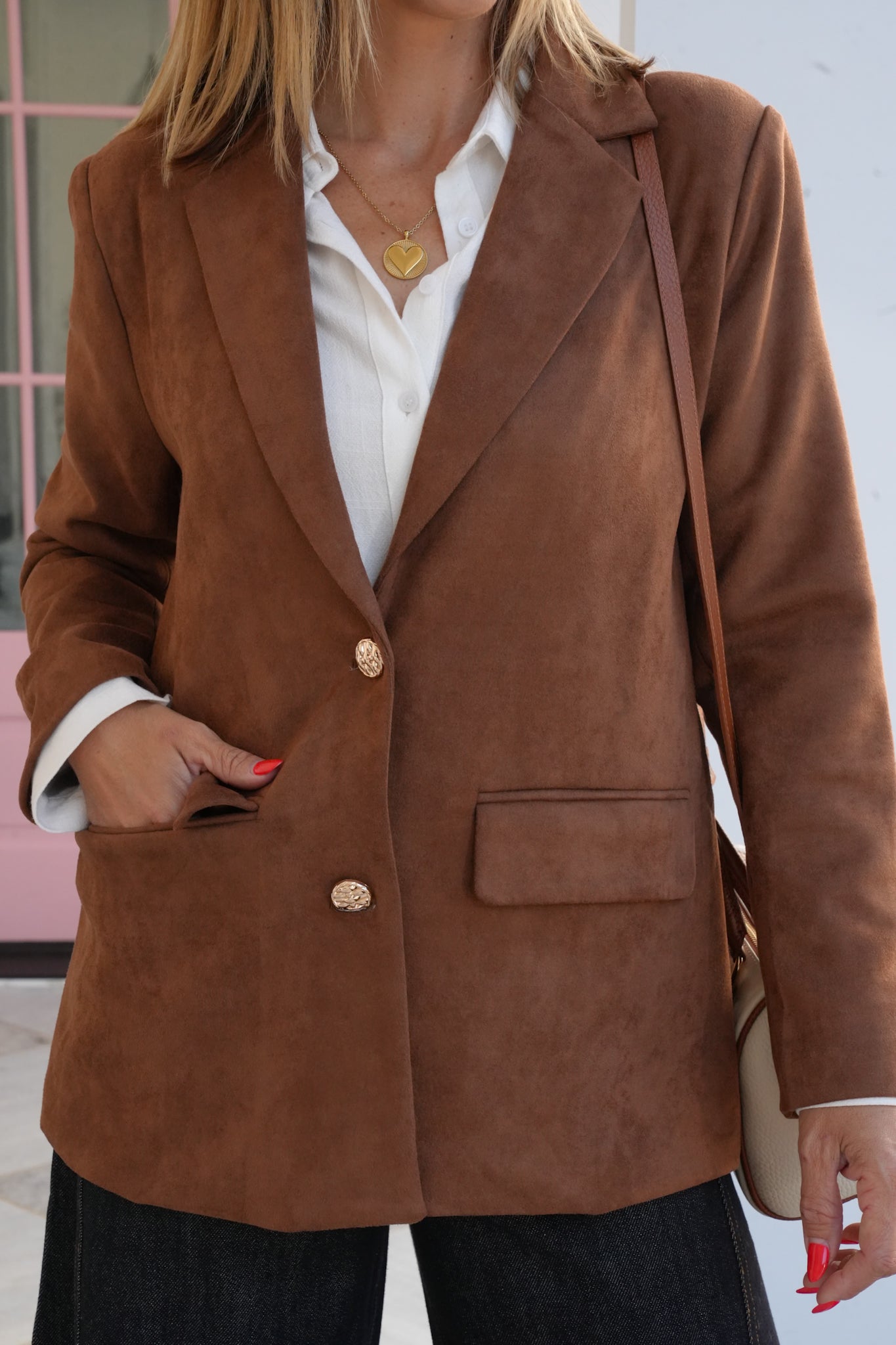 Vegan Suede Long Sleeve Blazer with Buttons