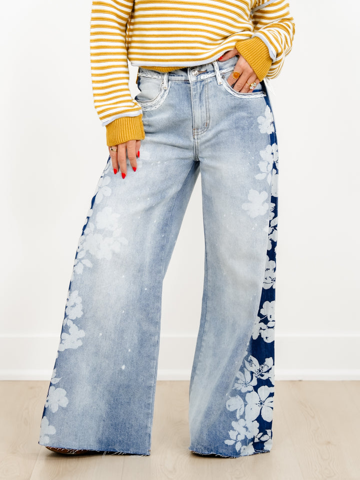 Light Wash High Waist Wide Leg Jeans with Floral Detail