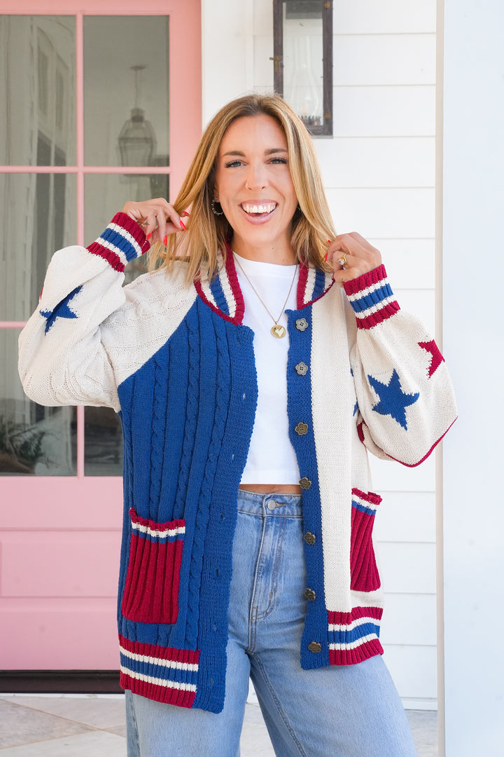 POL Star And Stripes Long Sleeve Button Down Cardigan