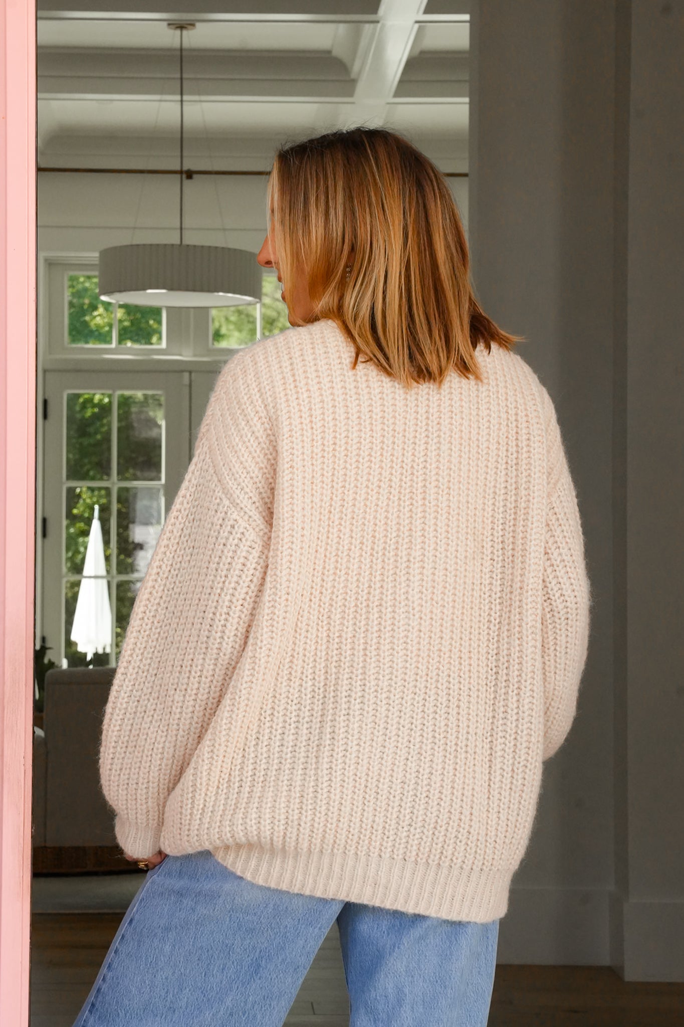 Plus/Reg Long Sleeve V-Neck Cardigan Sweater with Denim Pockets