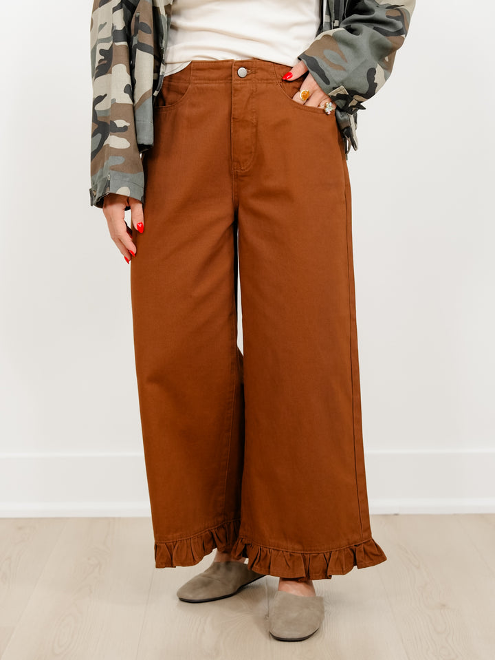 High Waist Wide Crop Leg Pants with Ruffle Hem - Freckled Poppy