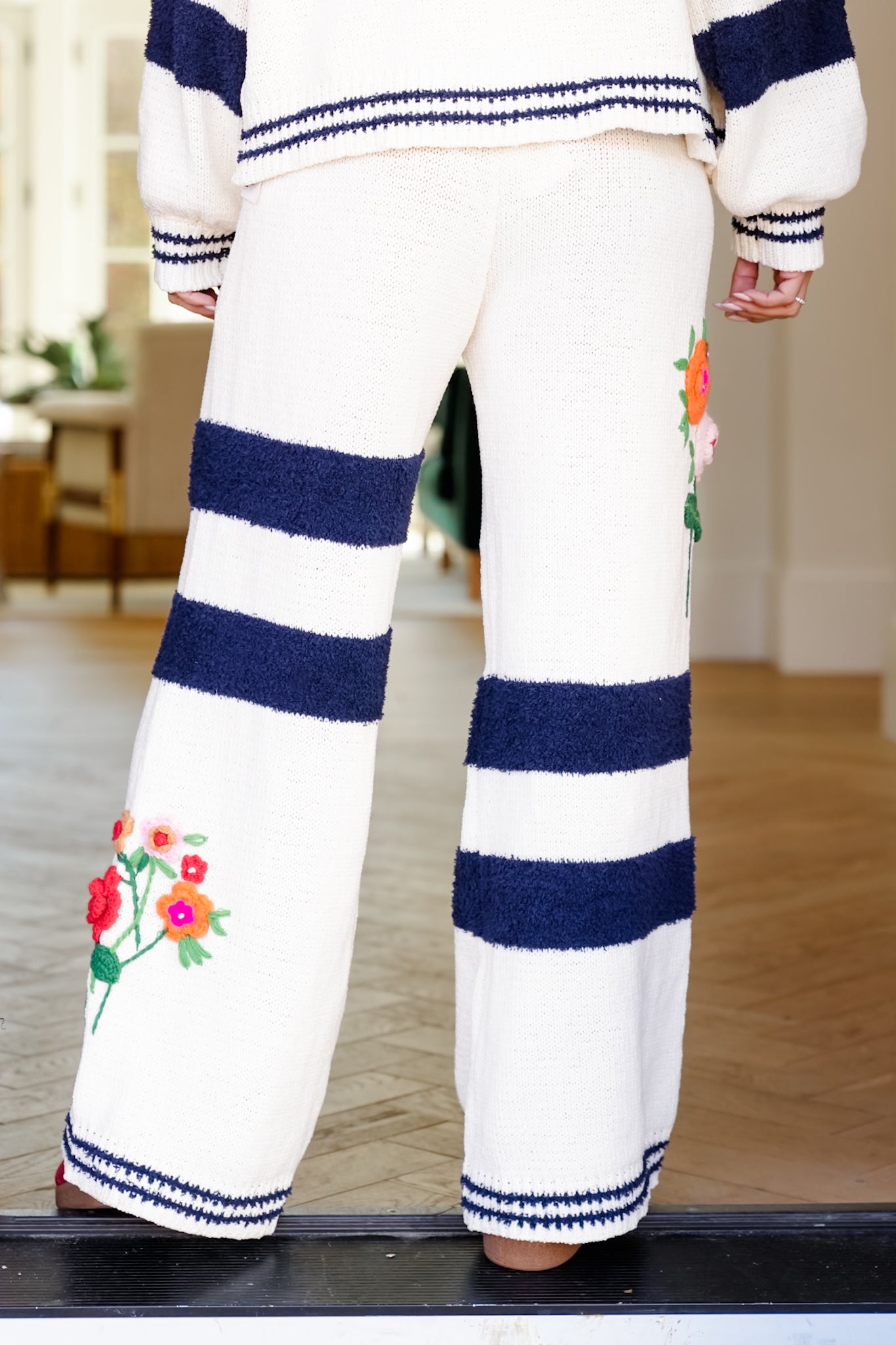 POL Embroidered Elastic Waist Pants with Stripes
