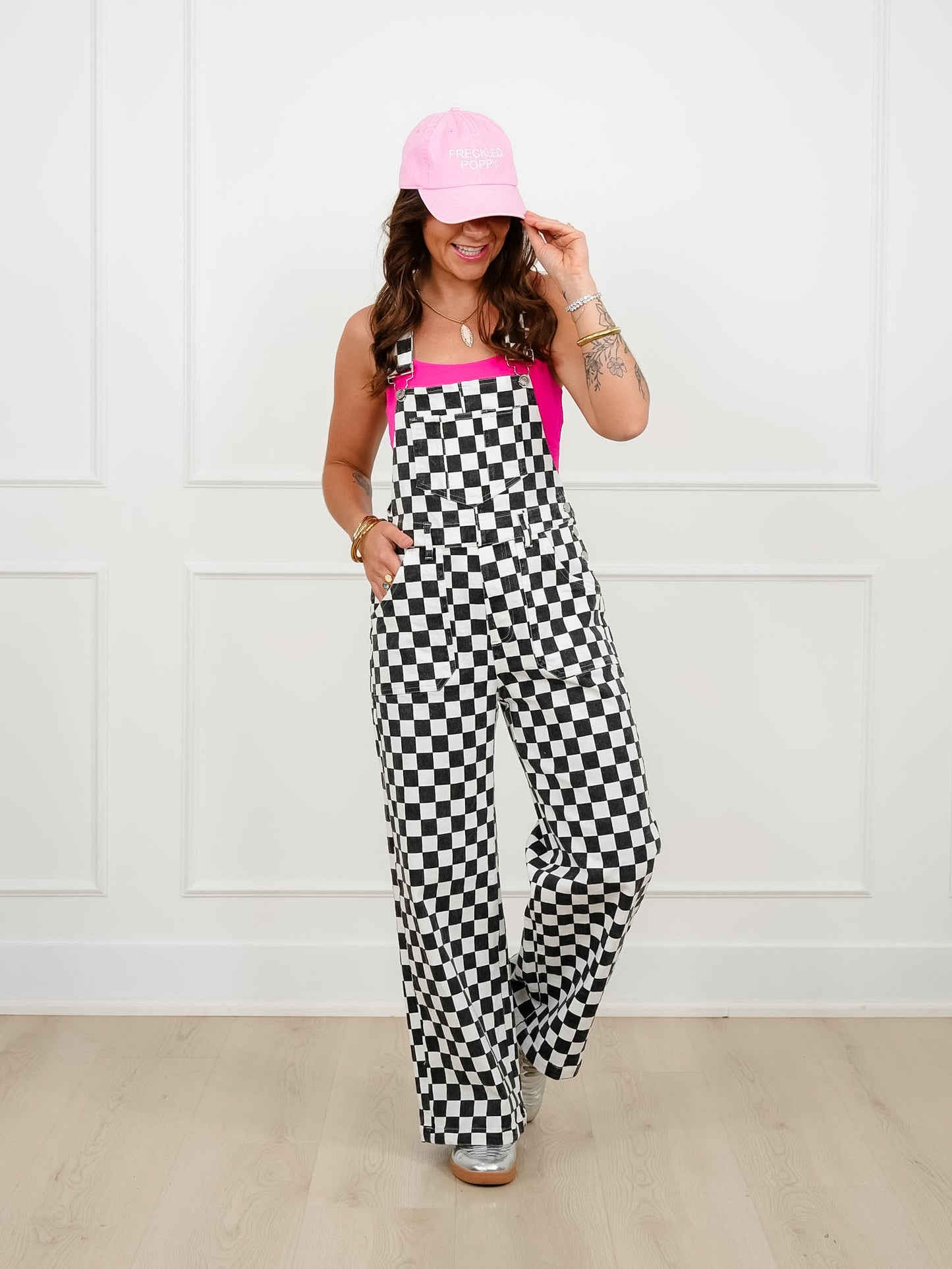 Black And White Checkered Wide Leg Overalls - Freckled Poppy