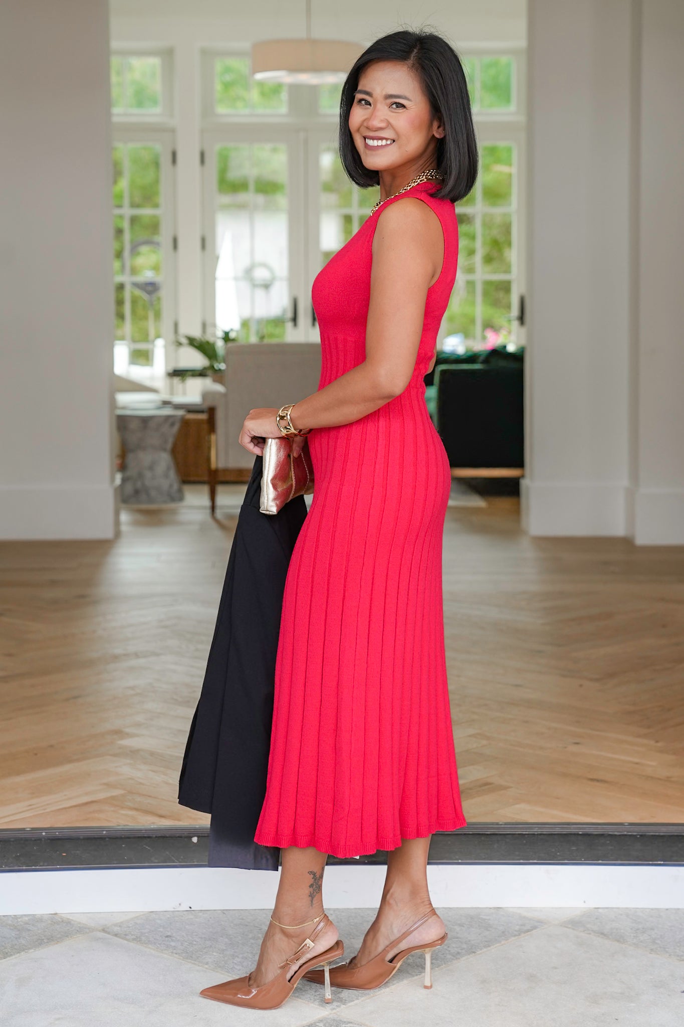 Red Sleeveless Ribbed Knit Dress