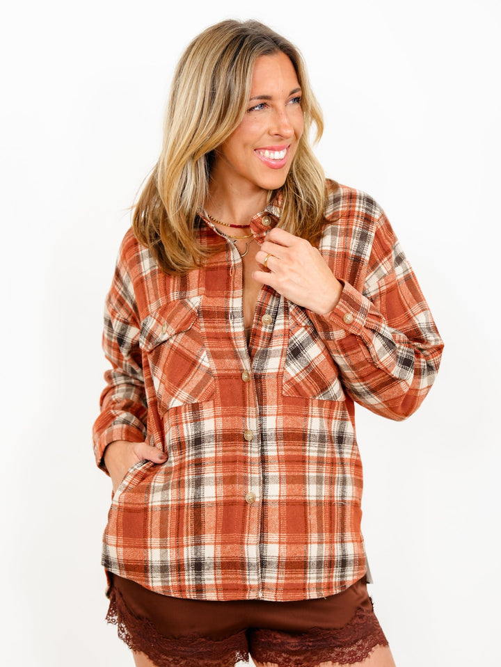 Plaid Flannel Long Sleeve Button Down Shacket - Freckled Poppy