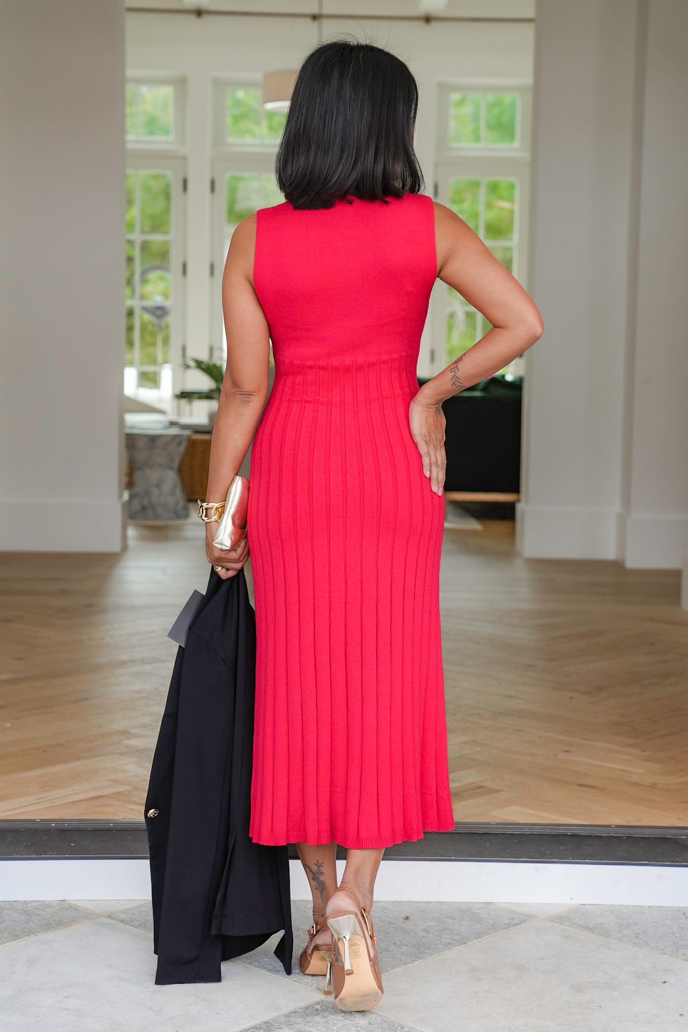 Red Sleeveless Ribbed Knit Dress