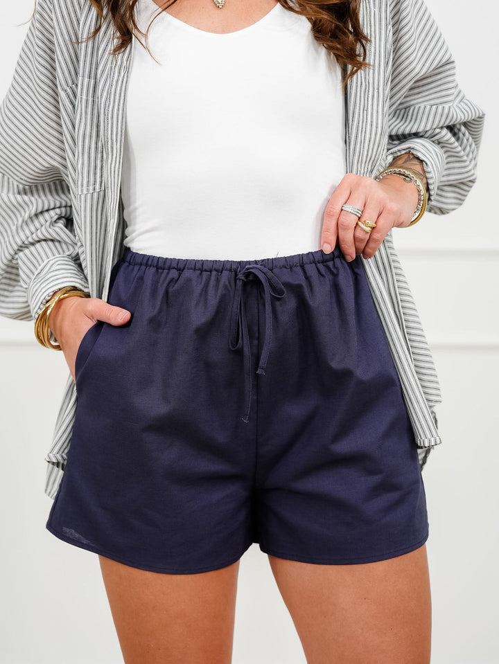 Linen Blend Elastic Waist Shorts with Side Pockets - Freckled Poppy