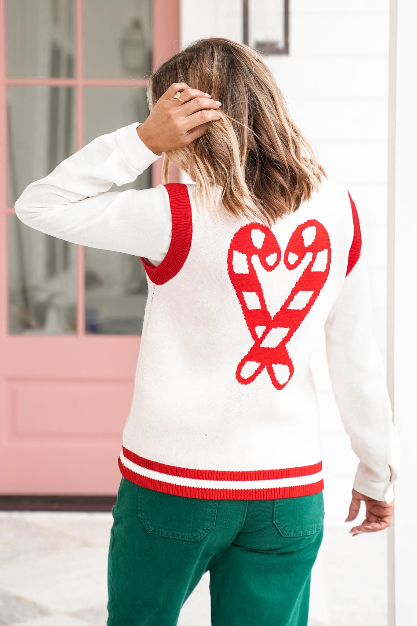 Button Down Sweater Vest with Candy Cane Detail