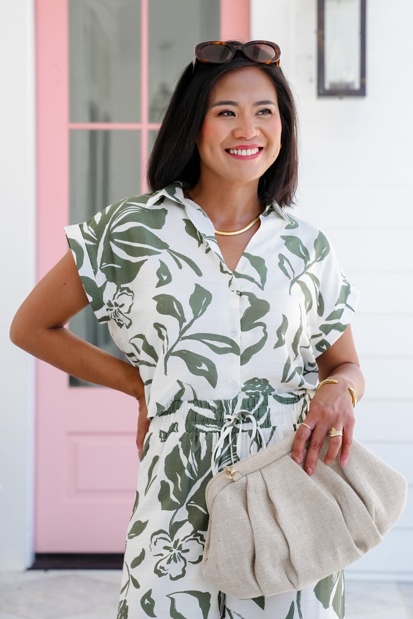 Olive Printed Short Sleeve Button Up Top and Pants Set